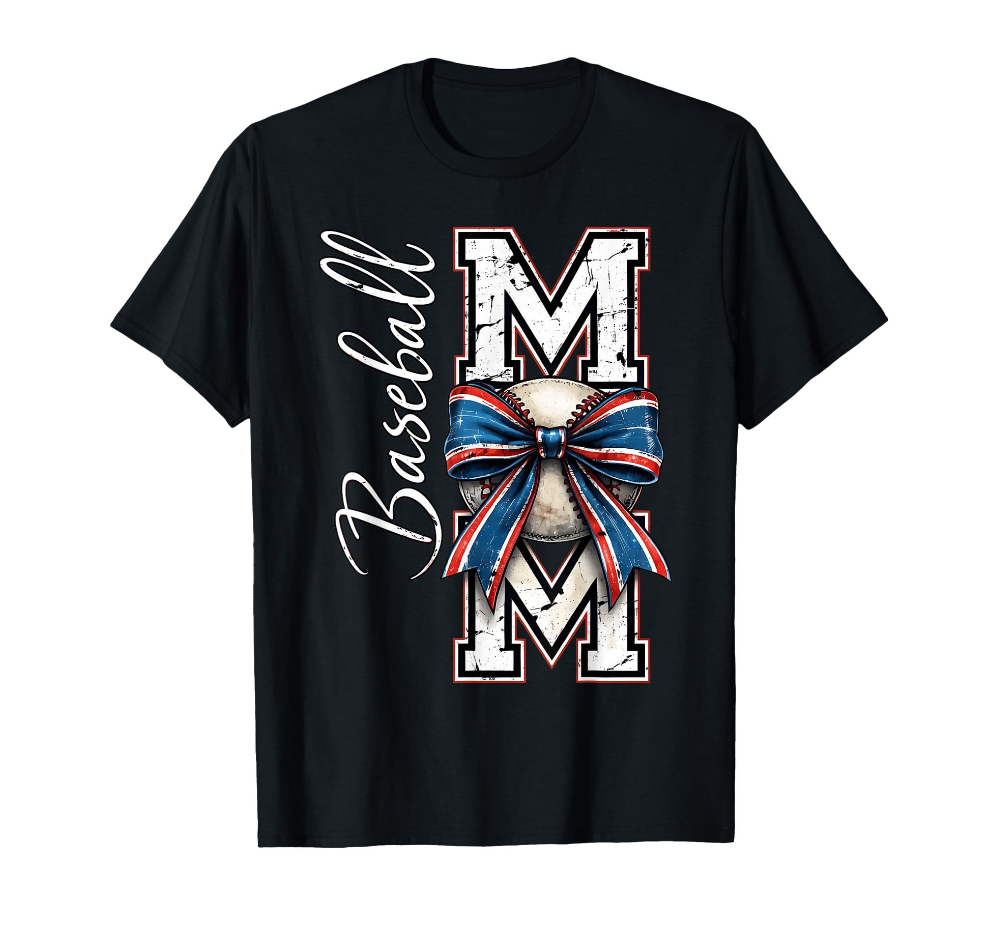 Distressed Baseball Mom Patriotic Bow T-Shirt - Trendy Graphic for Adults - T-Shirt, Sweatshirt, Hoodie