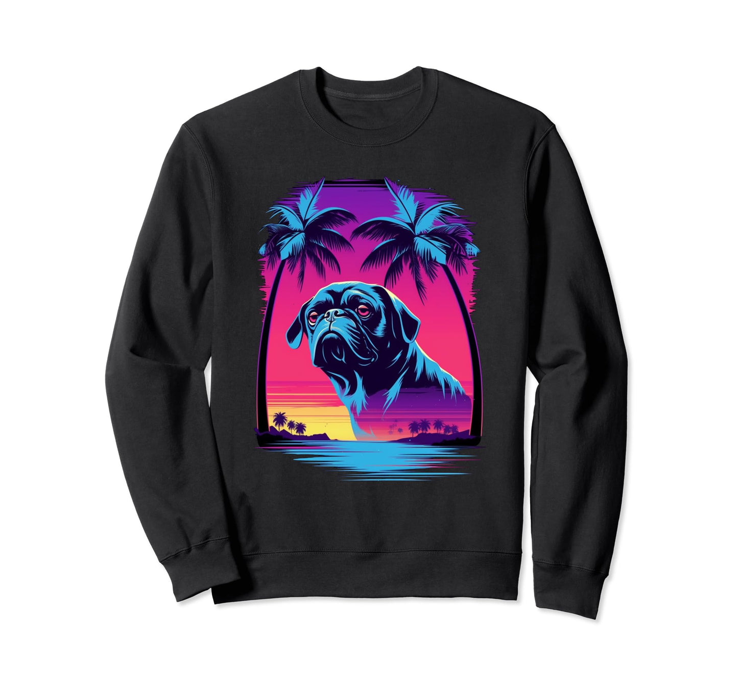 Pug 80S Synthwave Sunset Sweatshirt - Unique Graphic Men Women - T-Shirt, Sweatshirt, Hoodie