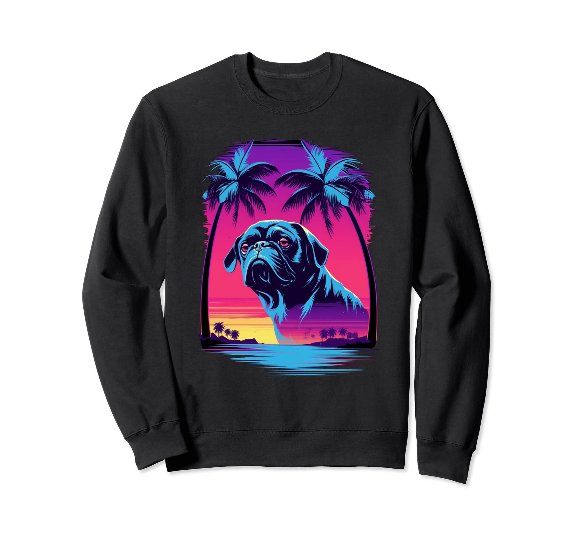 Pug 80S Synthwave Sunset Sweatshirt - Unique Graphic Men Women - T-Shirt, Sweatshirt, Hoodie