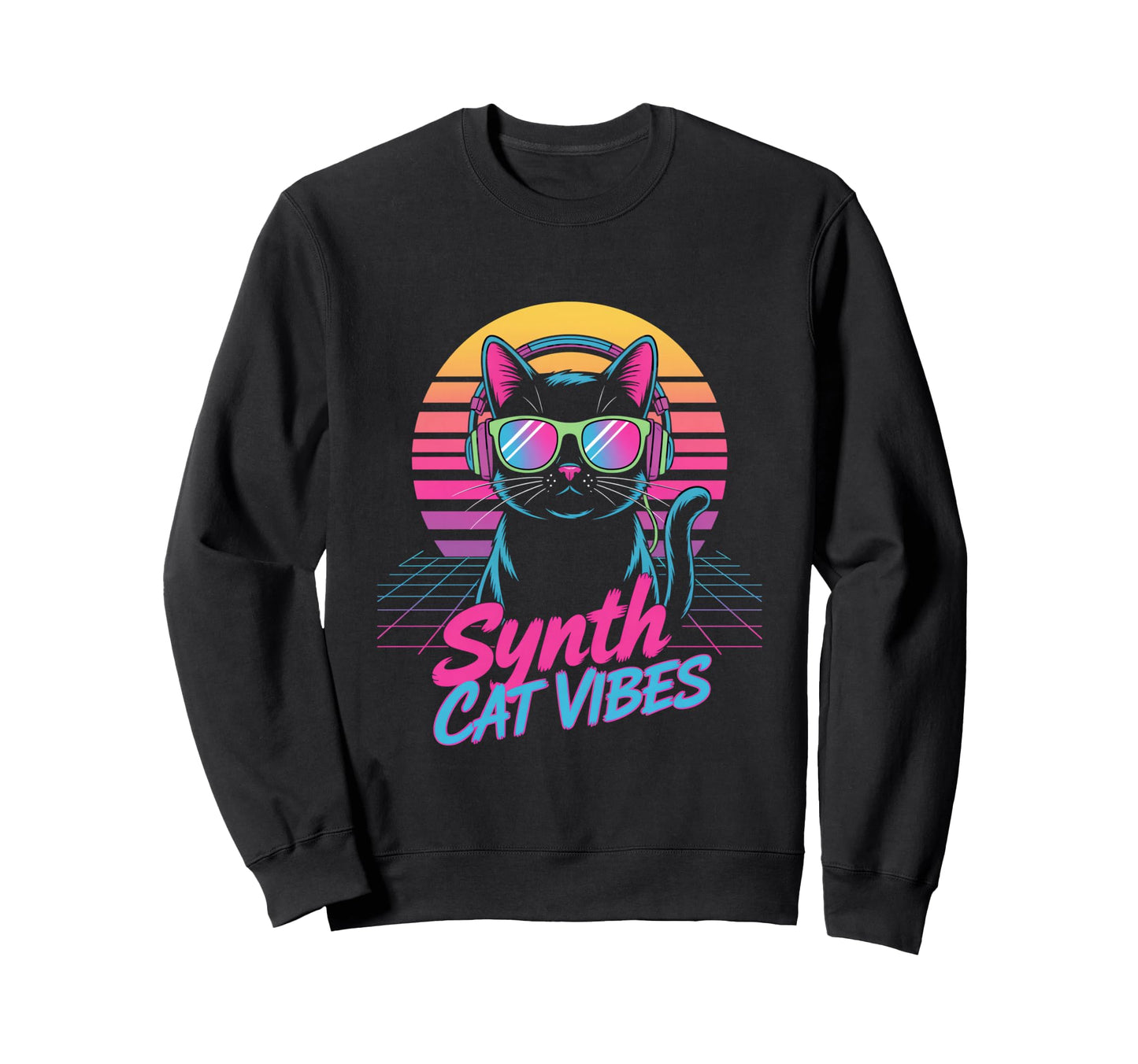 Synth Cat Vibes 80S Dj Kitty Music Sweatshirt - Minimalist Print Unisex - T-Shirt, Sweatshirt, Hoodie