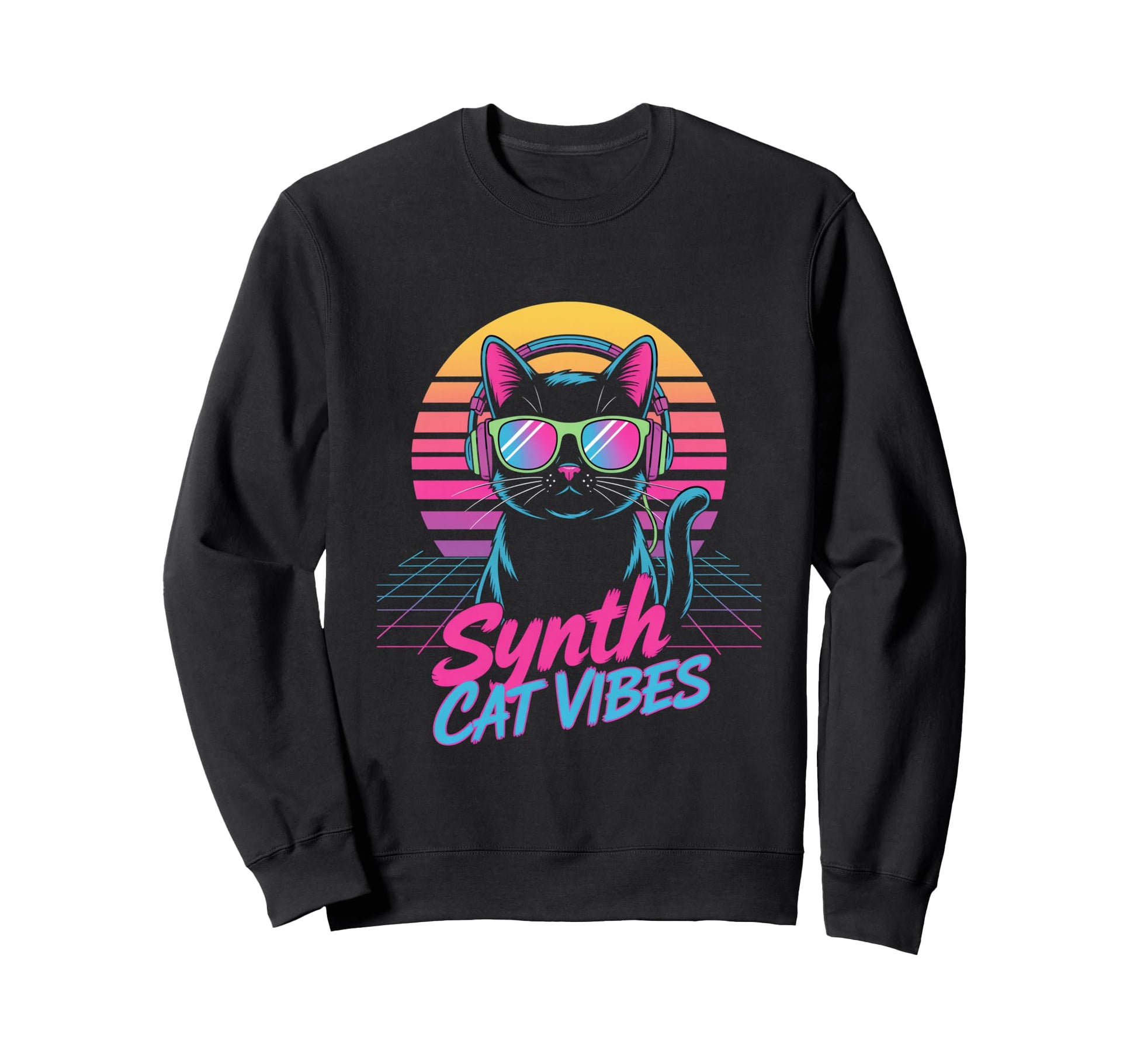 Synth Cat Vibes 80S Dj Kitty Music Sweatshirt - Minimalist Print Unisex - T-Shirt, Sweatshirt, Hoodie