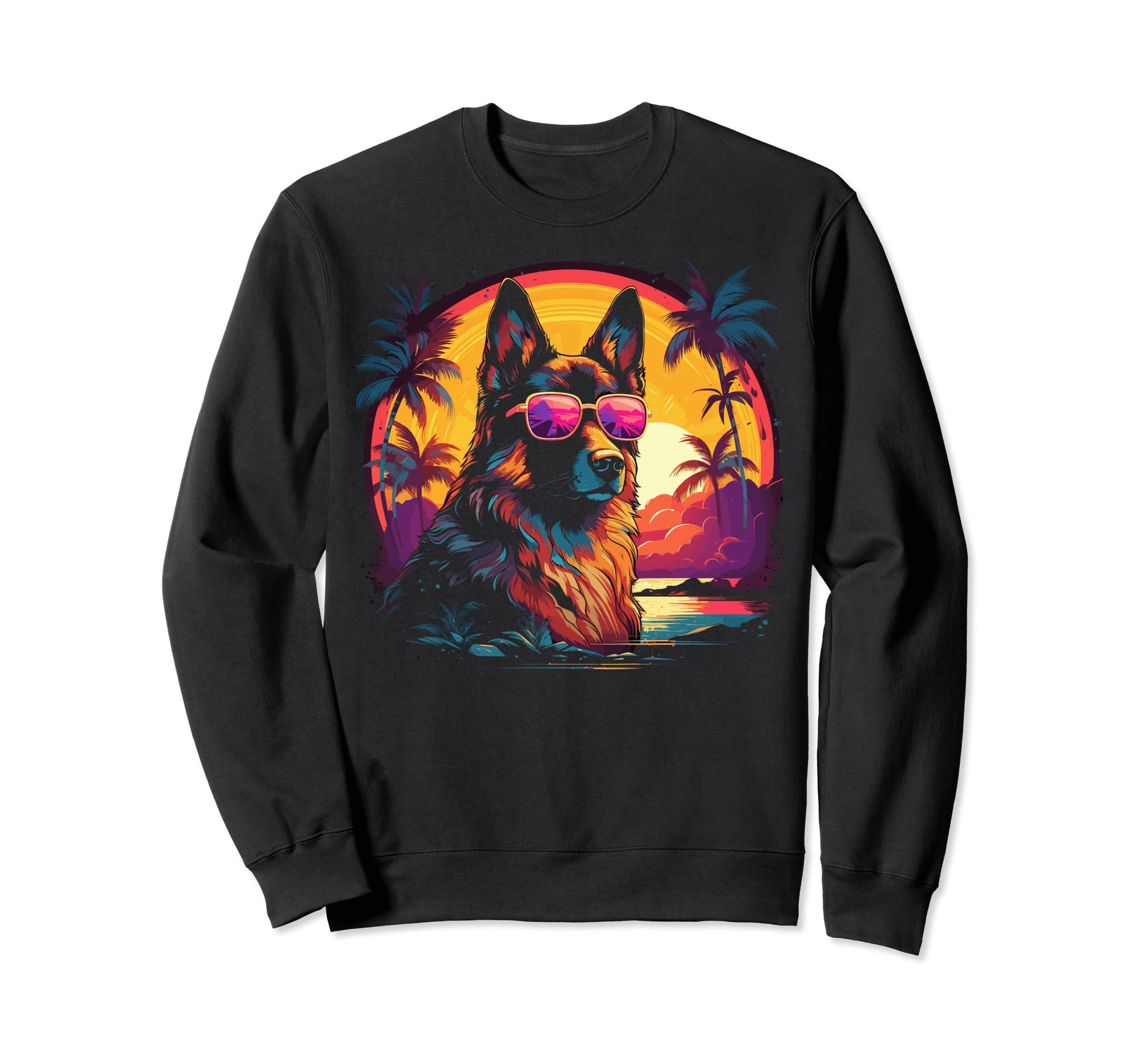 80S Synthwave German Shepherd Sweatshirt - Graphic Print Unisex - T-Shirt, Sweatshirt, Hoodie