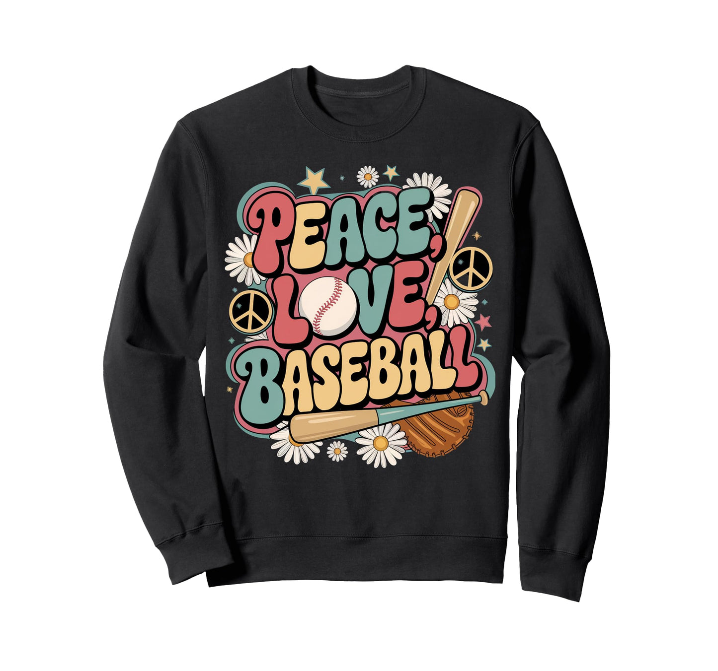 Peace Love Baseball 60S 70S Sweatshirt - Streetwear Style for Adults - T-Shirt, Sweatshirt, Hoodie