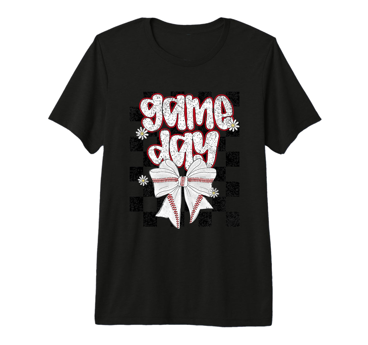 Game Day Baseball Bow Checkered Tri T-Shirt - Fun Novelty Design Men Women - T-Shirt, Sweatshirt, Hoodie