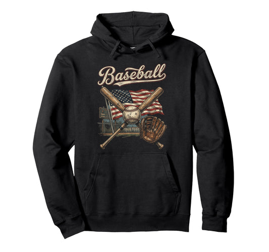 American Flag Baseball Player Bat Hoodie - Casual Everyday Wear Men Women - T-Shirt, Sweatshirt, Hoodie