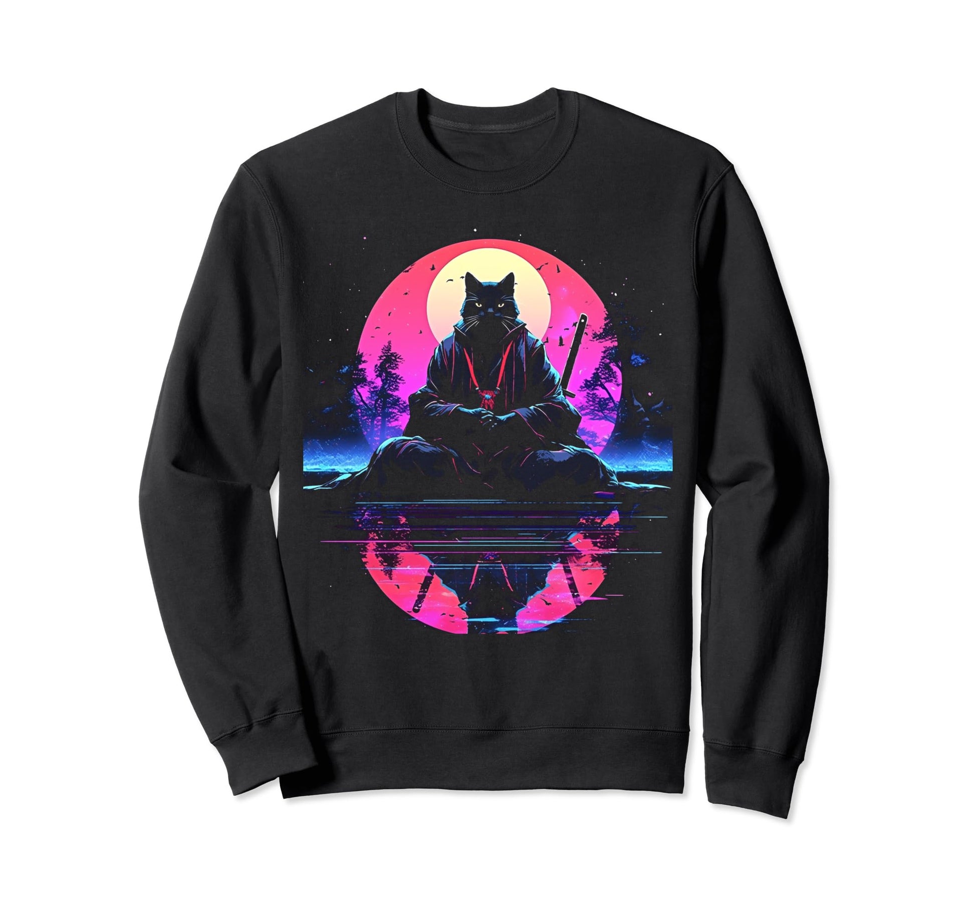 Synthwave Cat Samurai Mediation Sweatshirt - Aesthetic Graphic for Adults - T-Shirt, Sweatshirt, Hoodie