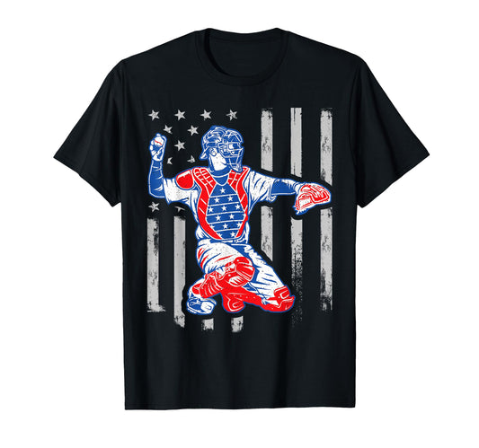 American Baseball Catcher Usa Flag 4Th T-Shirt - Trendy Graphic for Adults - T-Shirt, Sweatshirt, Hoodie