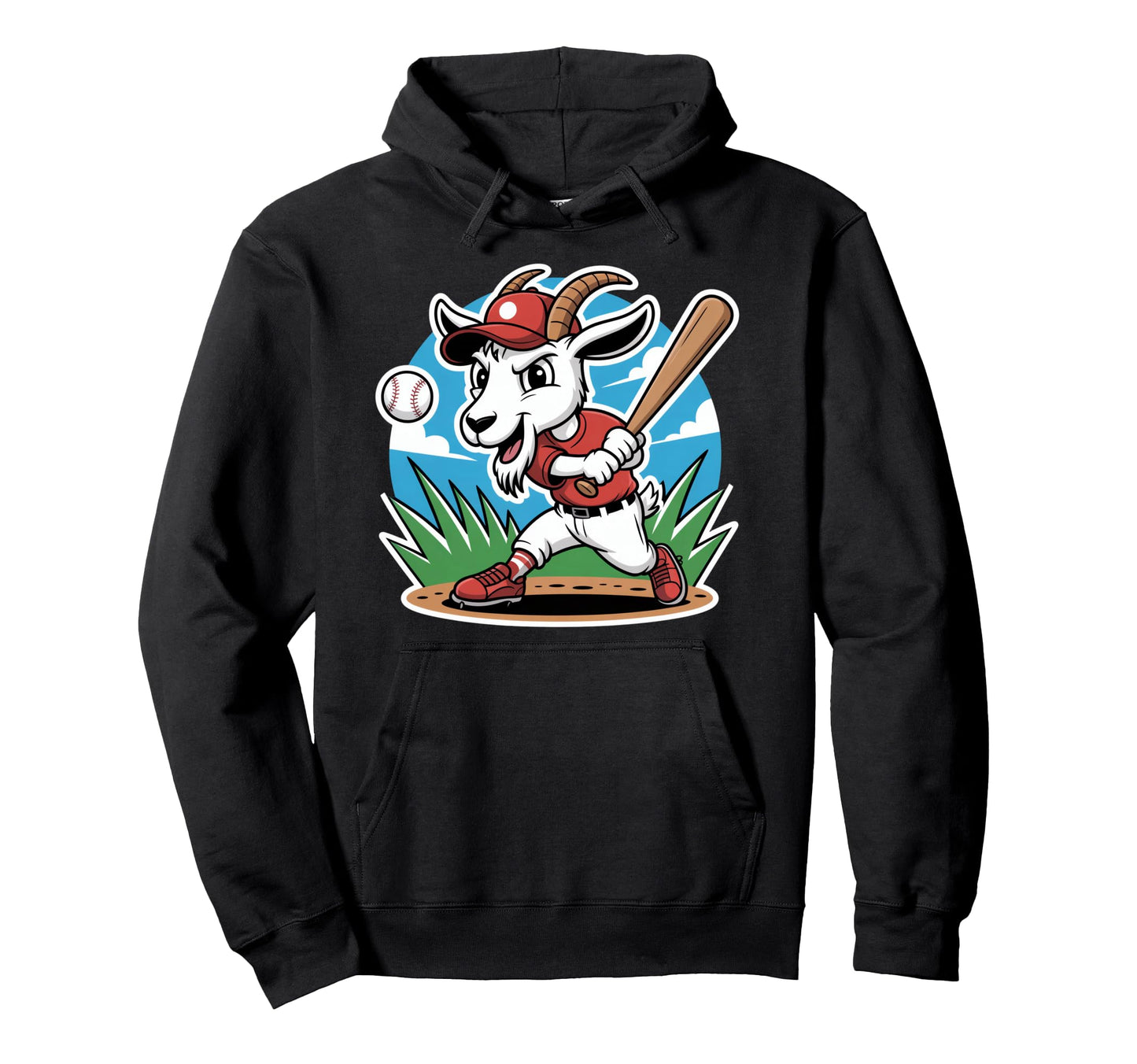 Funny Baseball Goat Mascot Batter Home Run Hoodie - Unique Graphic Unisex - T-Shirt, Sweatshirt, Hoodie
