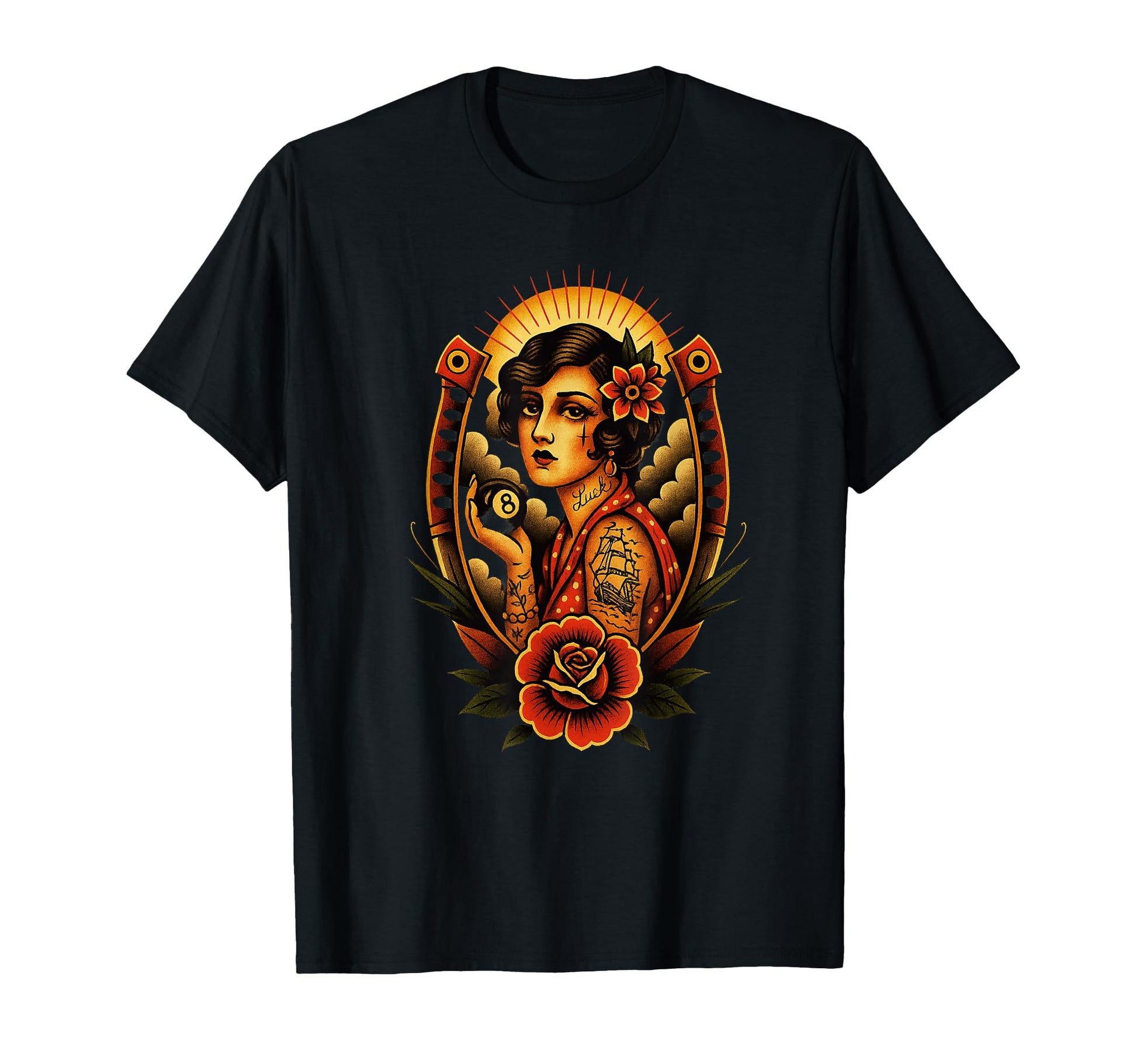 Lucky Lady 8 Ball Tattoo Art Old School T-Shirt - Novelty Apparel Unisex - T-Shirt, Sweatshirt, Hoodie