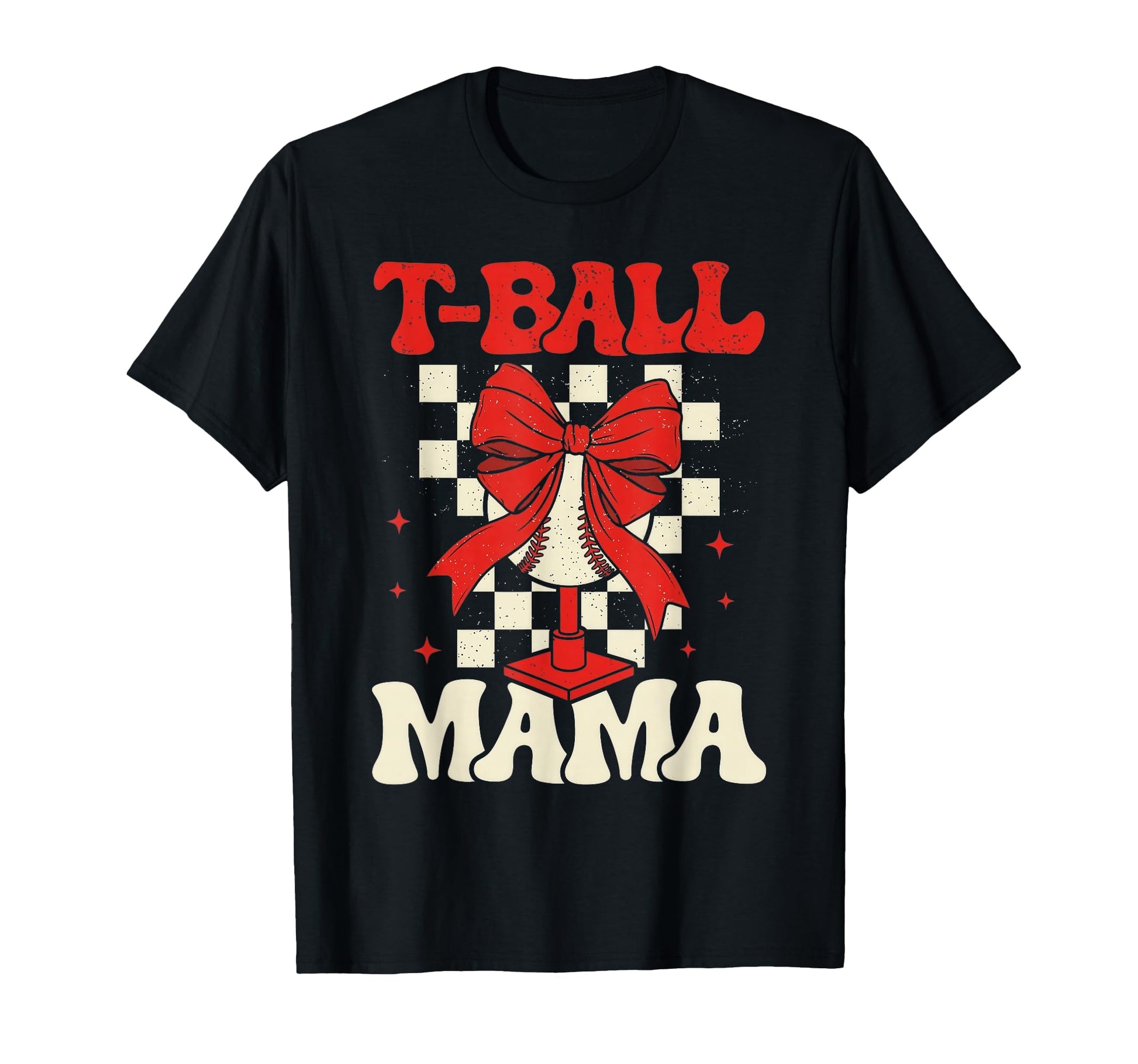 T Ball Mama Checkered Red Bow Softball T-Shirt - Graphic Print Men Women - T-Shirt, Sweatshirt, Hoodie