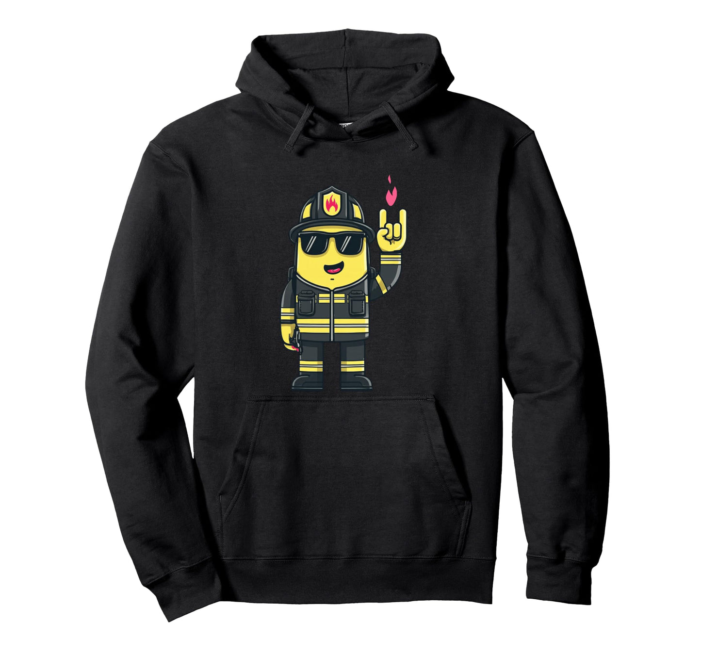 Firefighter Mascot Rock Hand Sign Rescue Hoodie - Unique Graphic Men Women - T-Shirt, Sweatshirt, Hoodie