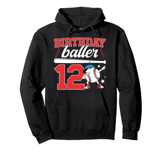 12Th Baseball Birthday Twelve Year Old Hoodie - Unique Graphic for Adults - T-Shirt, Sweatshirt, Hoodie