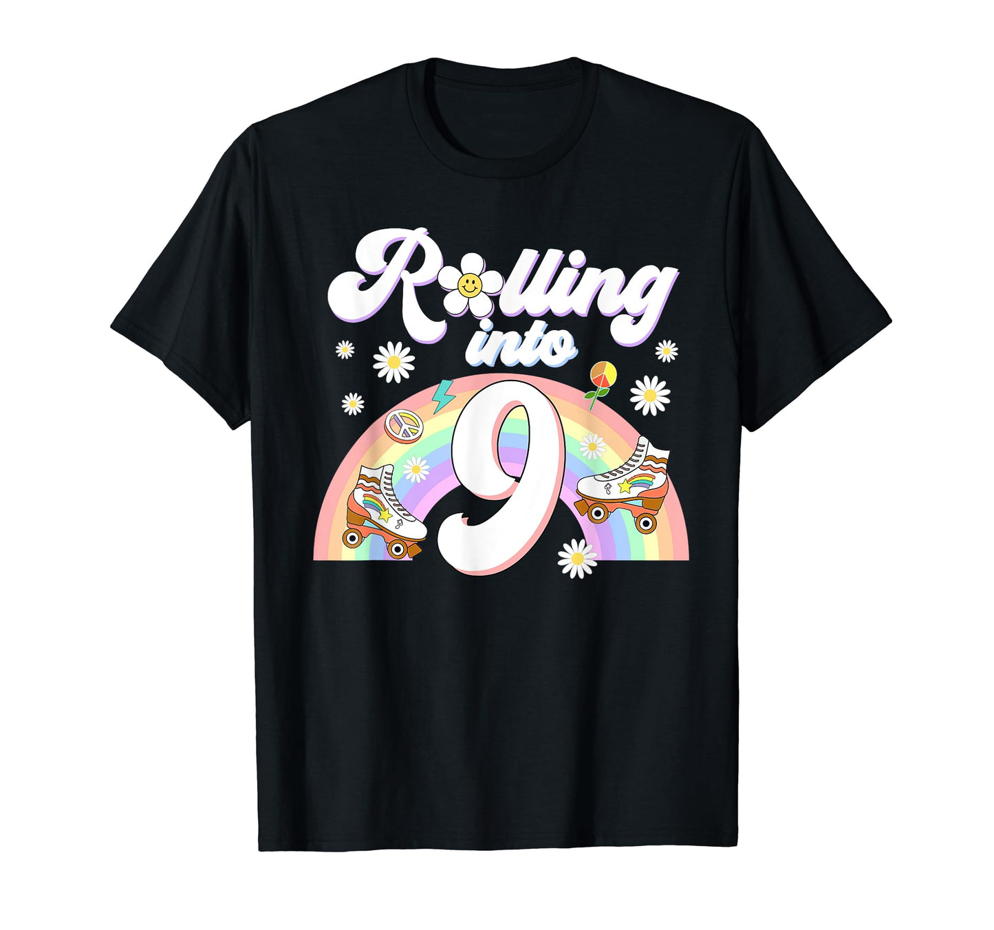 Rolling Into 9 Birthday Groovy 9Th Bday T-Shirt - Trendy Graphic for Adults - T-Shirt, Sweatshirt, Hoodie