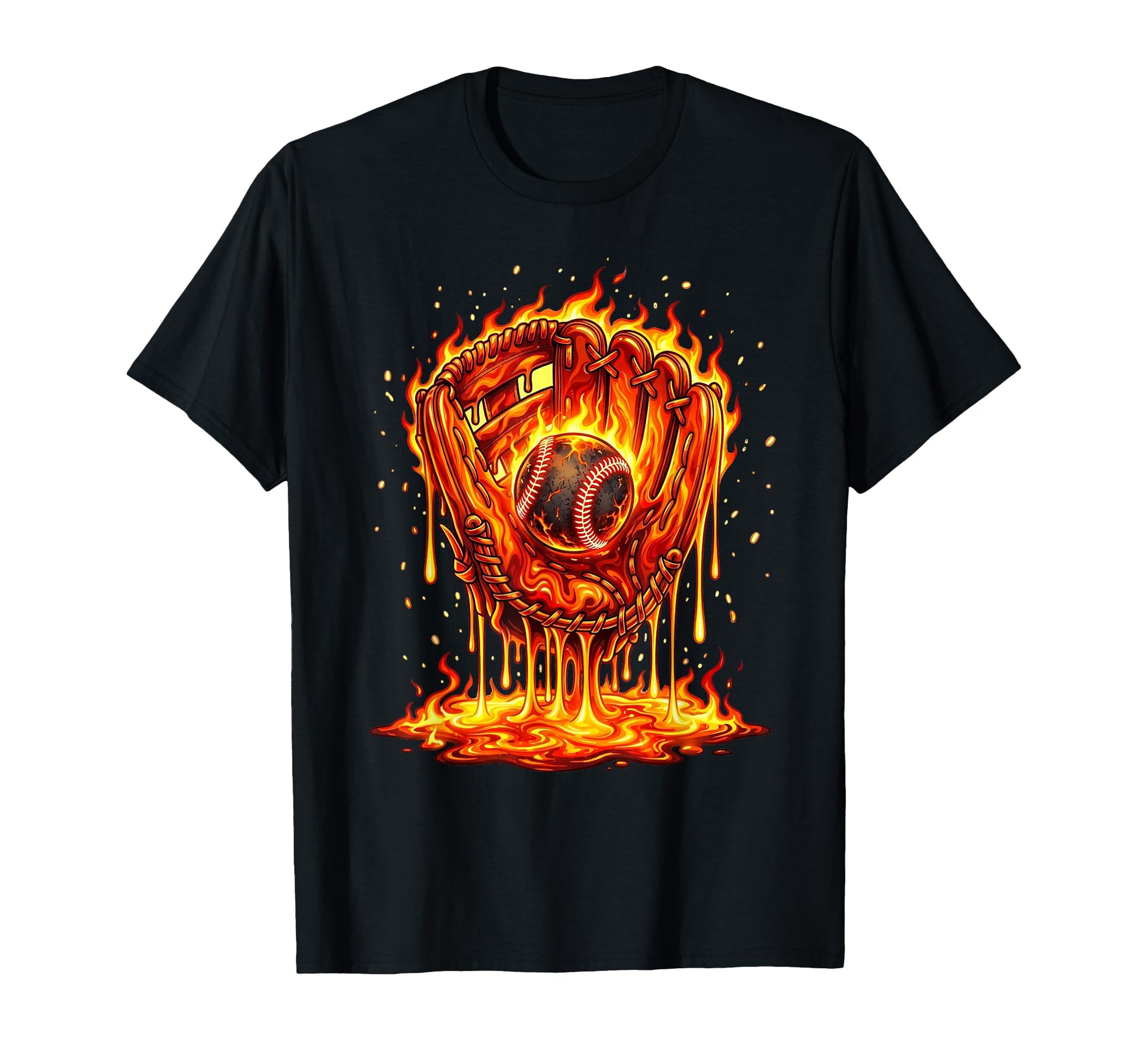 Baseball Glove Drip Flames Melting Sports T-Shirt - Graphic Print Unisex - T-Shirt, Sweatshirt, Hoodie