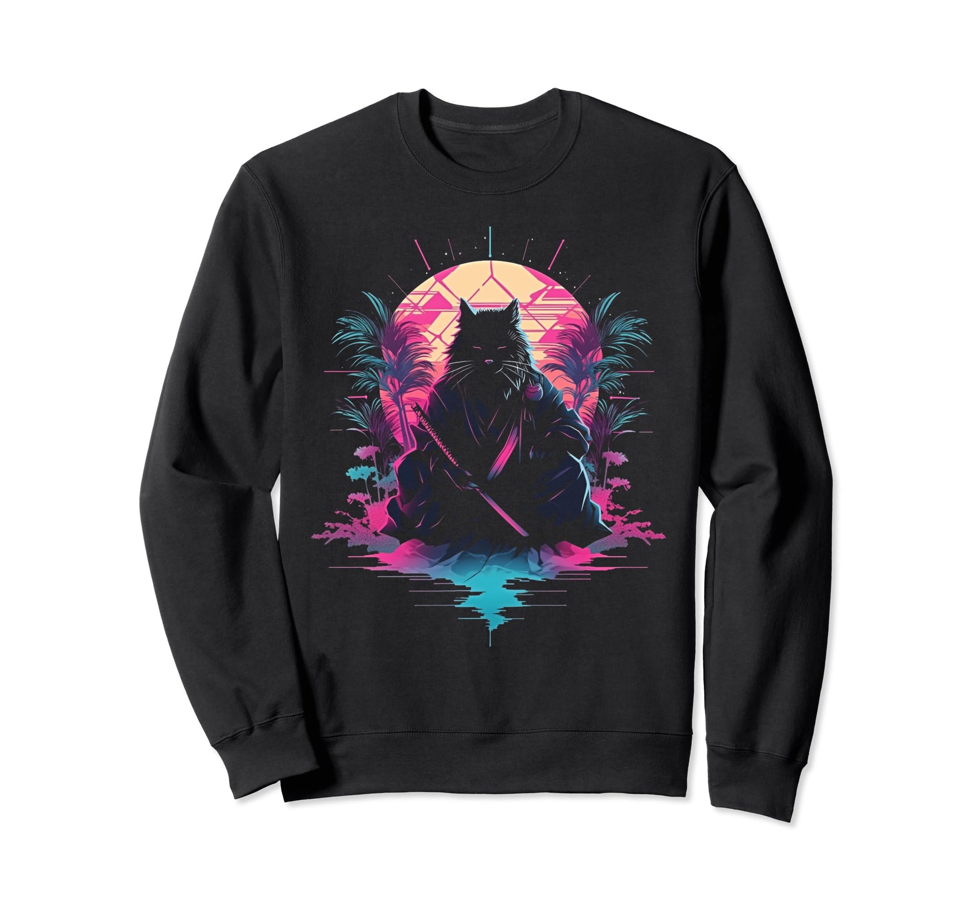 Synthwave Cat Samurai Sweatshirt - Casual Everyday Wear for Adults - T-Shirt, Sweatshirt, Hoodie