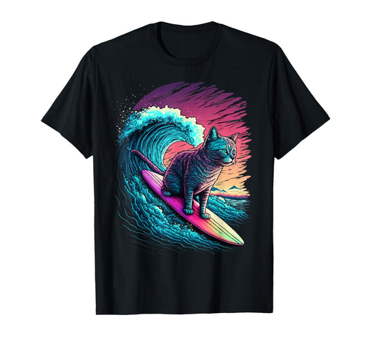 80S Vaporwave Synthwave Surfing Cat T-Shirt - Minimalist Print for Adults - T-Shirt, Sweatshirt, Hoodie