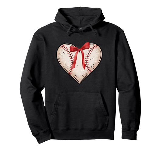 Baseball Heart Red Bow Hoodie - Minimalist Print for Adults - T-Shirt, Sweatshirt, Hoodie