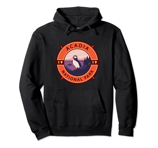 Acadia National Park Puffin Compass Emblem Hoodie - Novelty Apparel Unisex - T-Shirt, Sweatshirt, Hoodie