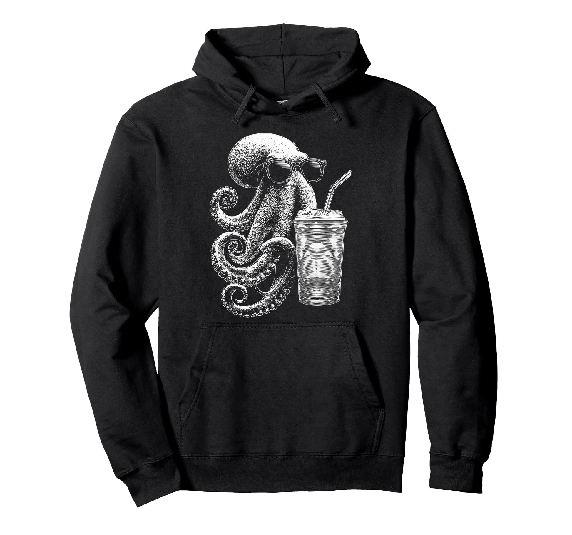 Octopus Drinking Iced Coffee Funny Animal Hoodie - Minimalist Print Unisex - T-Shirt, Sweatshirt, Hoodie