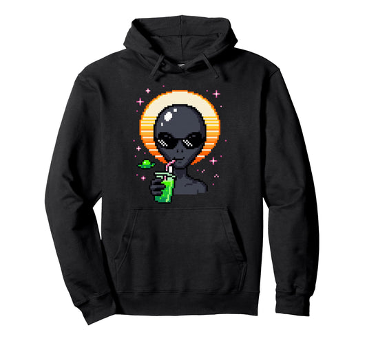 Alien Pixel Art Space Drink Synthwave Hoodie - Trendy Graphic for Adults - T-Shirt, Sweatshirt, Hoodie