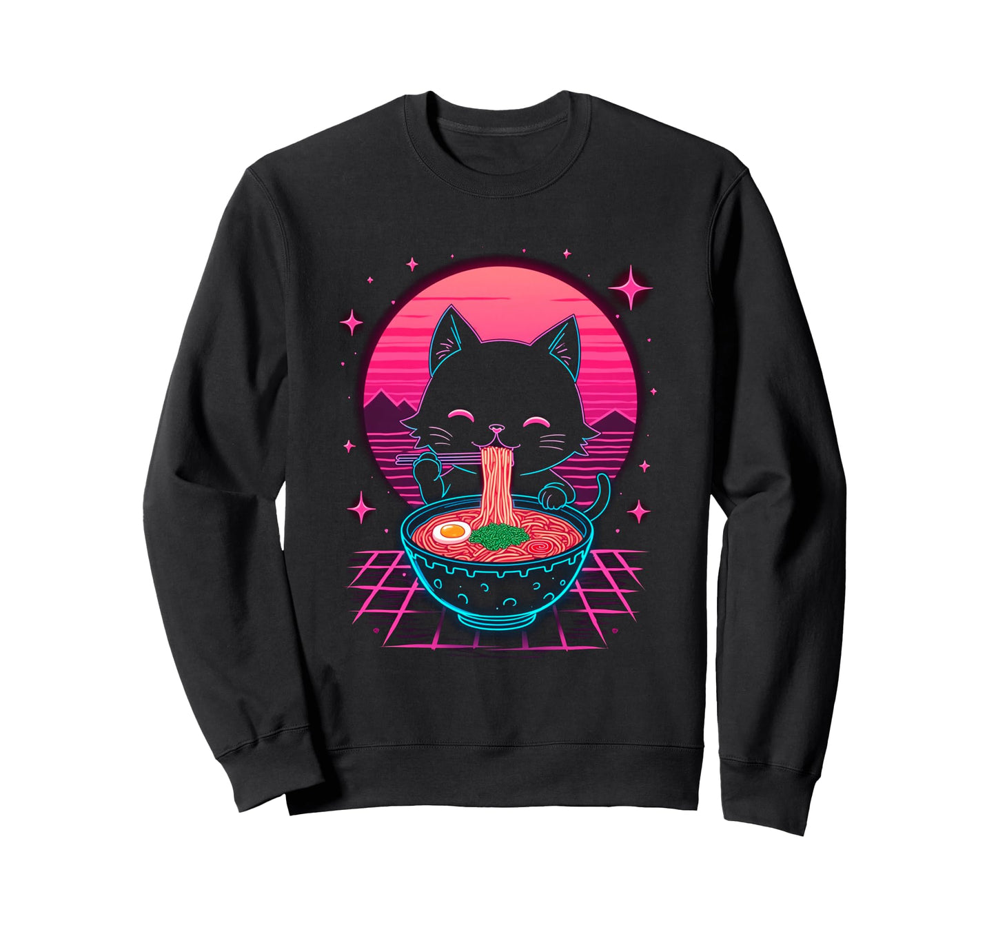 Synthwave Cat Ramen Anime Noodle Sweatshirt - Trendy Graphic Unisex - T-Shirt, Sweatshirt, Hoodie