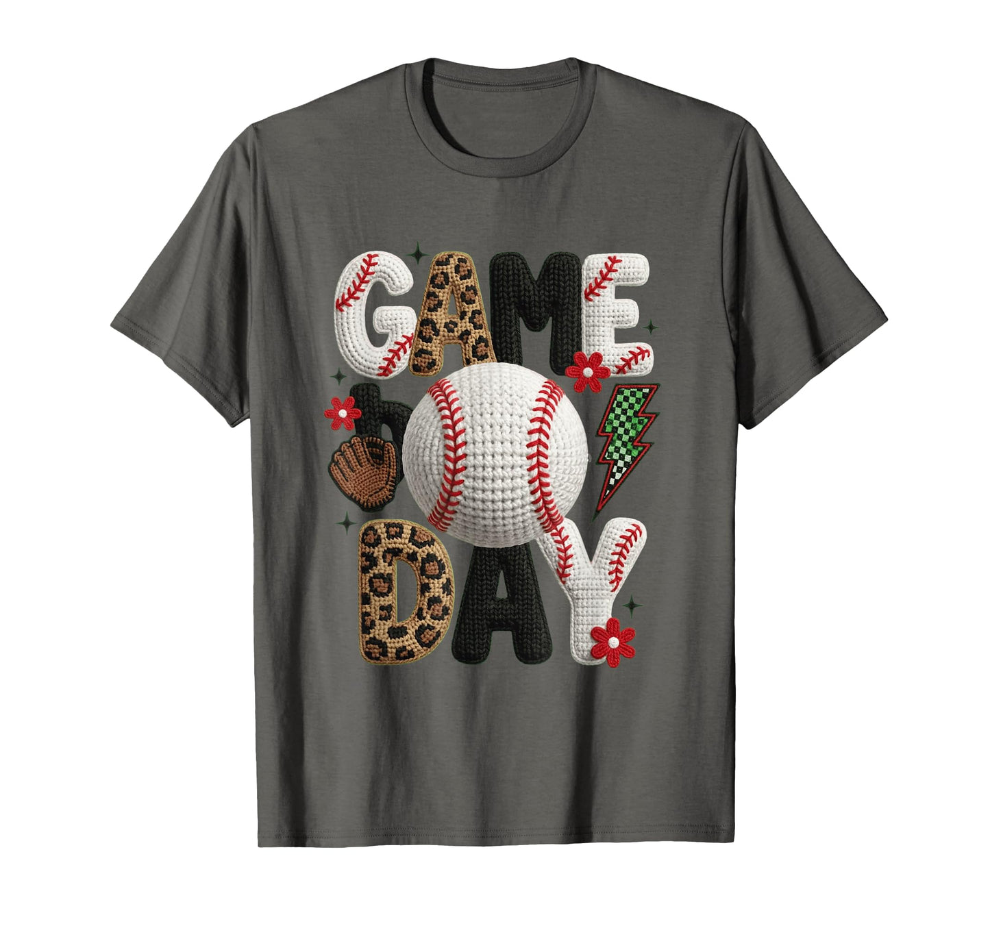 Baseball Leopard Crochet Patch T-Shirt - Casual Everyday Wear Men Women - T-Shirt, Sweatshirt, Hoodie