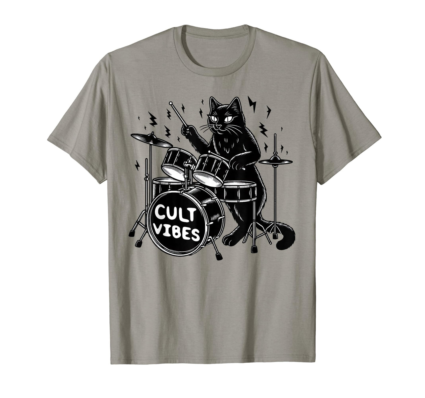 Satanic Black Cat Playing Drums Rock And T-Shirt - Novelty Apparel Unisex - T-Shirt, Sweatshirt, Hoodie