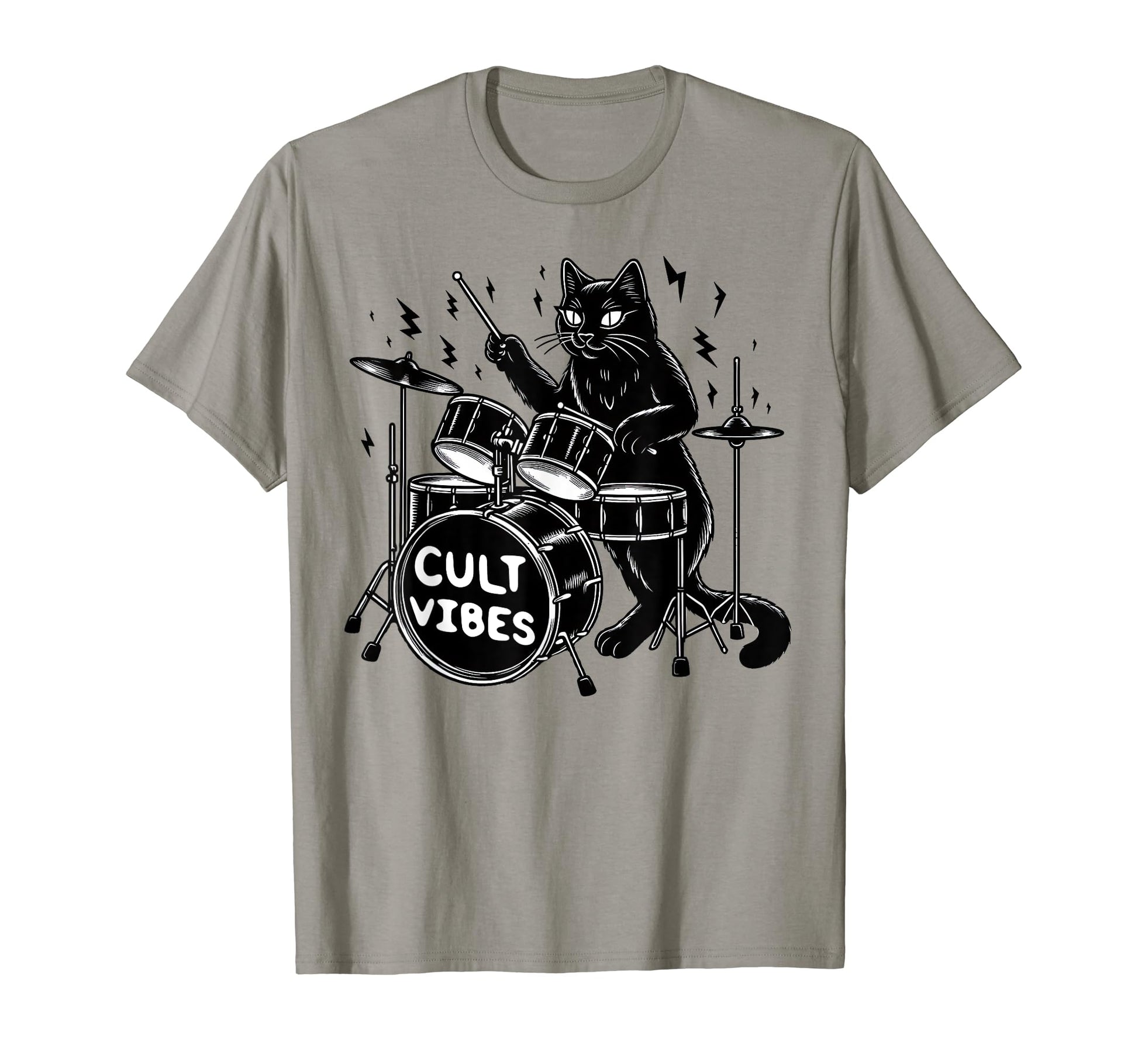 Satanic Black Cat Playing Drums Rock And T-Shirt - Novelty Apparel Unisex - T-Shirt, Sweatshirt, Hoodie