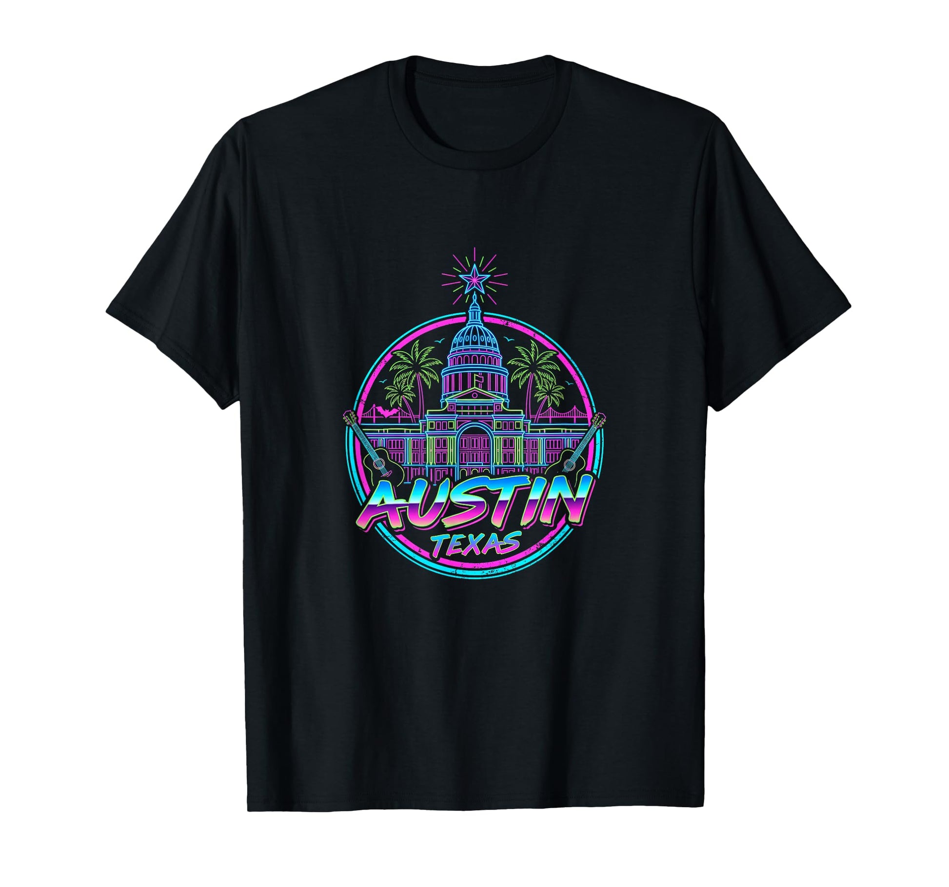 Austin Texas Capitol Synthwave 80S T-Shirt - Fun Novelty Design for Adults - T-Shirt, Sweatshirt, Hoodie