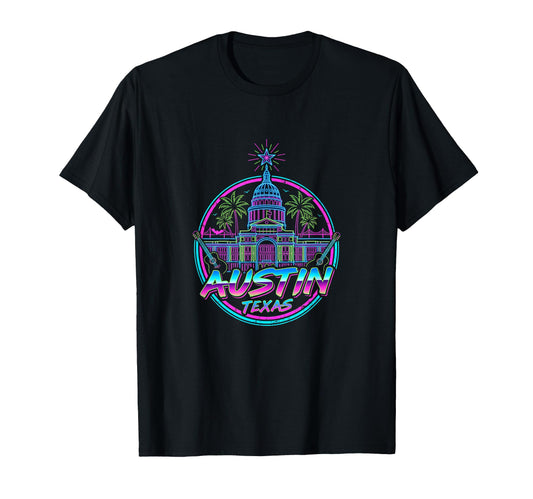 Austin Texas Capitol Synthwave 80S T-Shirt - Fun Novelty Design for Adults - T-Shirt, Sweatshirt, Hoodie