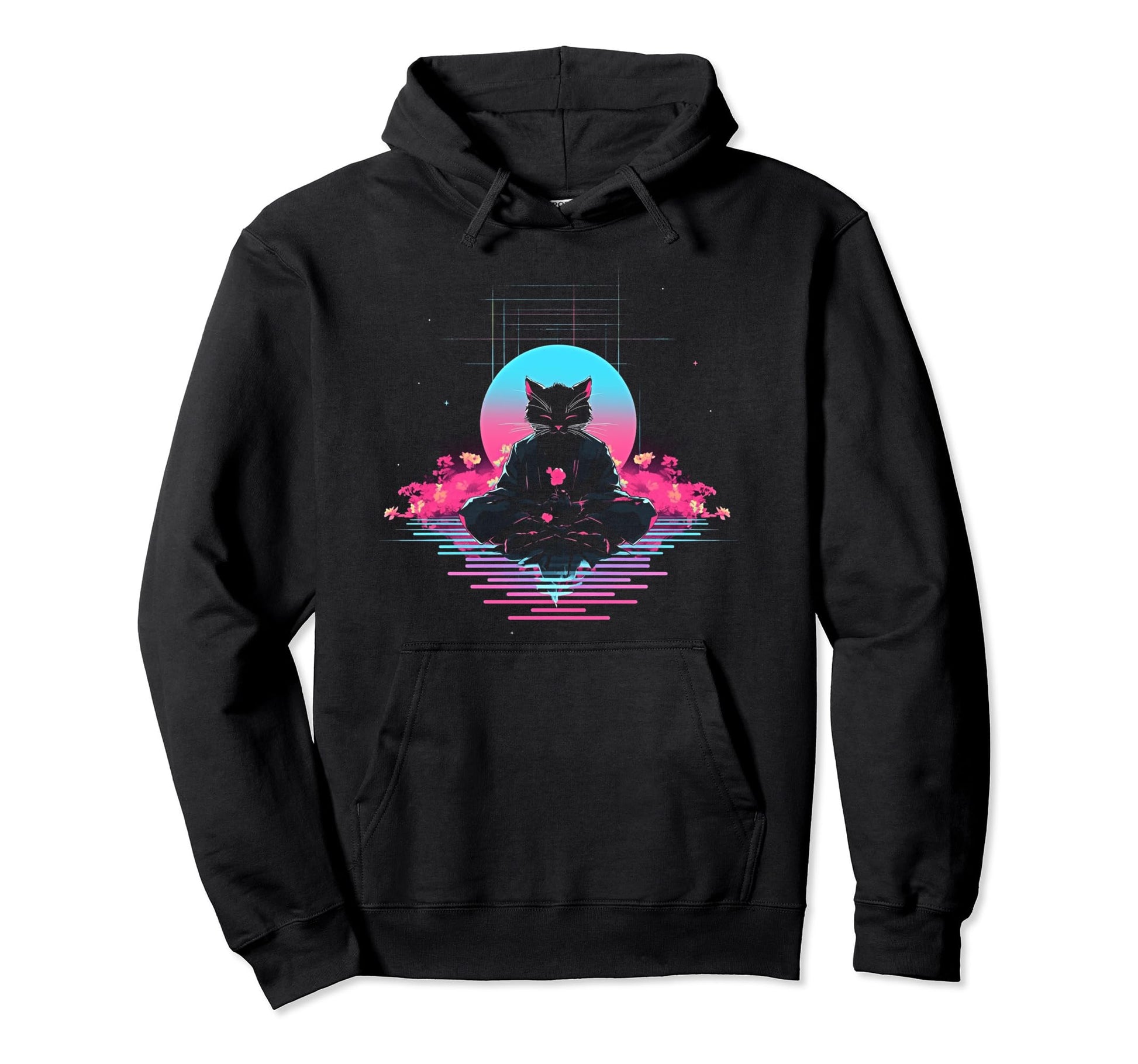 Synthwave Cat Samurai Mediation Hoodie - Unique Graphic for Adults - T-Shirt, Sweatshirt, Hoodie