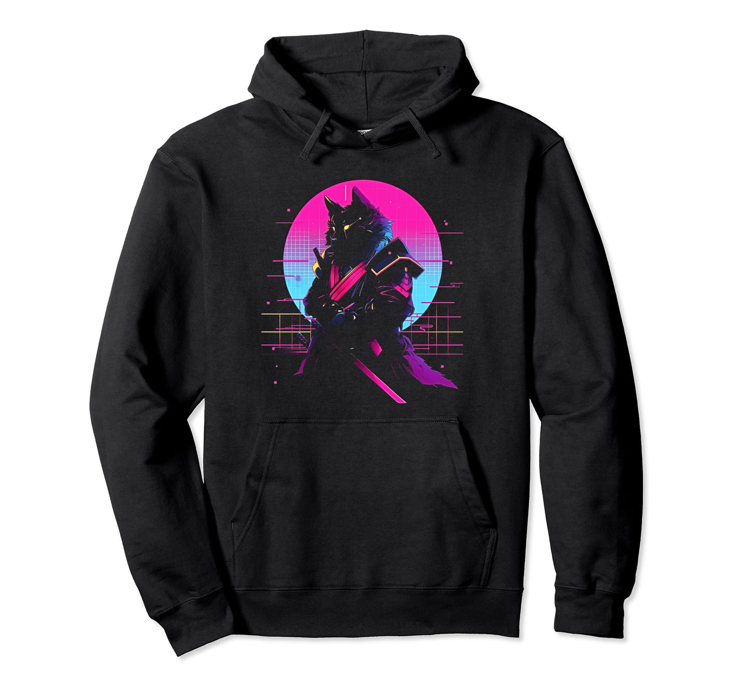 Synthwave Cat Samurai Mediation Hoodie - Novelty Apparel Men Women - T-Shirt, Sweatshirt, Hoodie