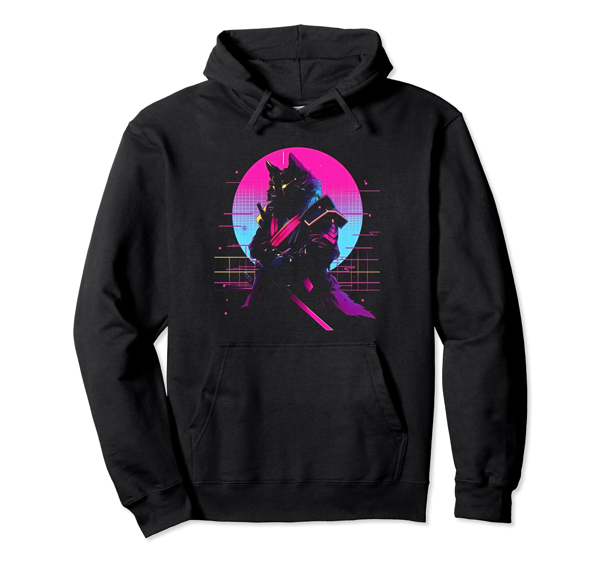 Synthwave Cat Samurai Mediation Hoodie - Novelty Apparel Men Women - T-Shirt, Sweatshirt, Hoodie