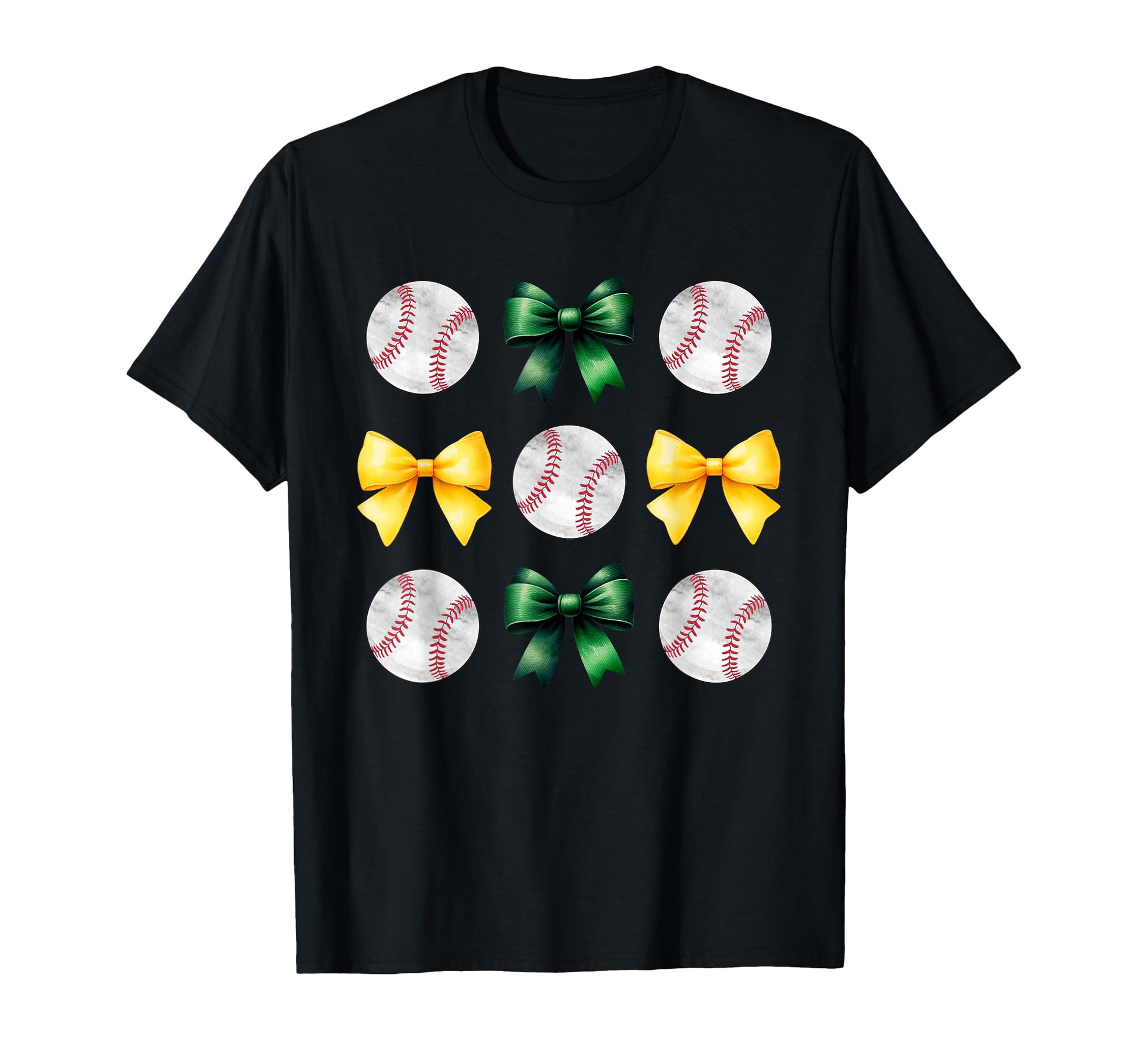 Baseballs Green Yellow Bows Ball Mom T-Shirt - Unique Graphic Unisex - T-Shirt, Sweatshirt, Hoodie