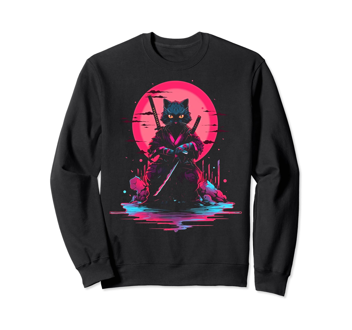 Synthwave Cat Samurai Mediation Sweatshirt - Casual Everyday Wear Unisex - T-Shirt, Sweatshirt, Hoodie