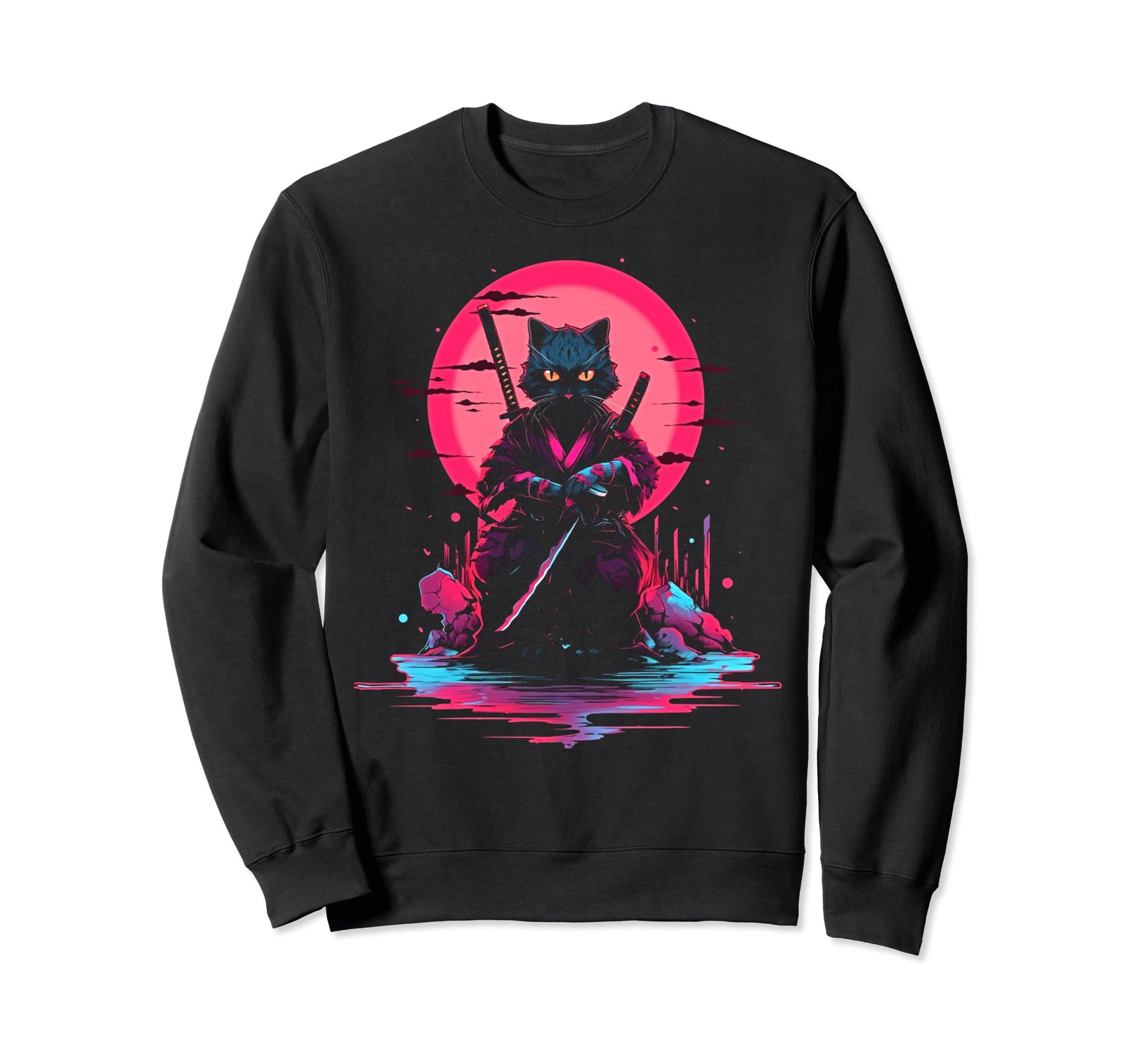 Synthwave Cat Samurai Mediation Sweatshirt - Casual Everyday Wear Unisex - T-Shirt, Sweatshirt, Hoodie