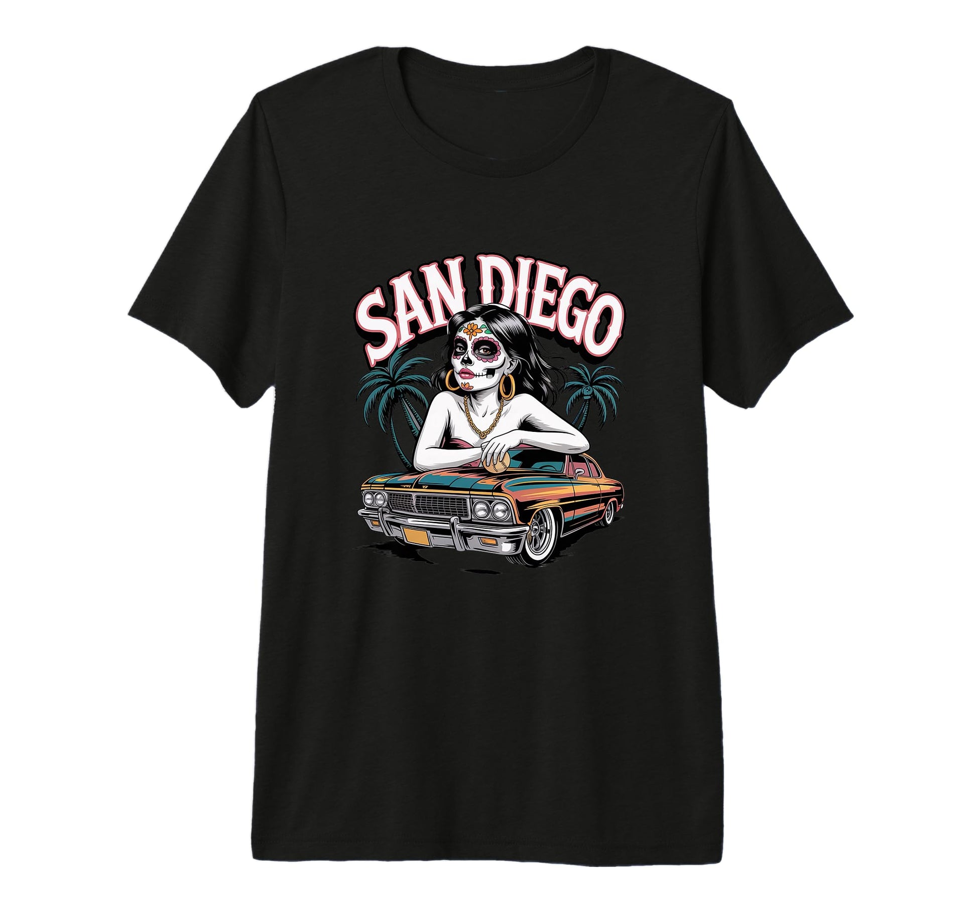 San Diego Sugar Skull Low Rider Baseball T-Shirt - Minimalist Print Unisex - T-Shirt, Sweatshirt, Hoodie