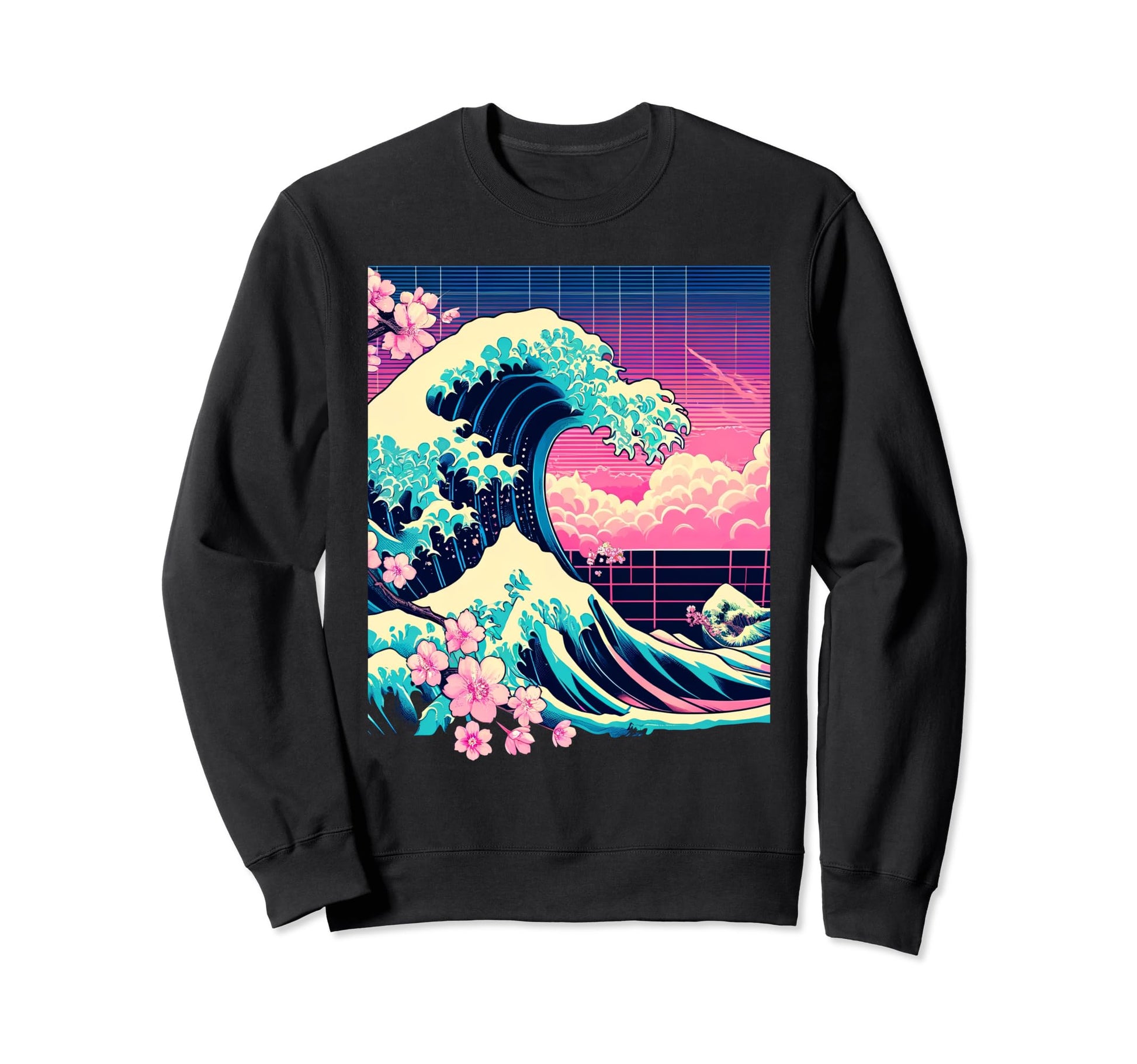 Vaporwave Great Wave Kanagawa Cherry Sweatshirt - Aesthetic Graphic Unisex - T-Shirt, Sweatshirt, Hoodie