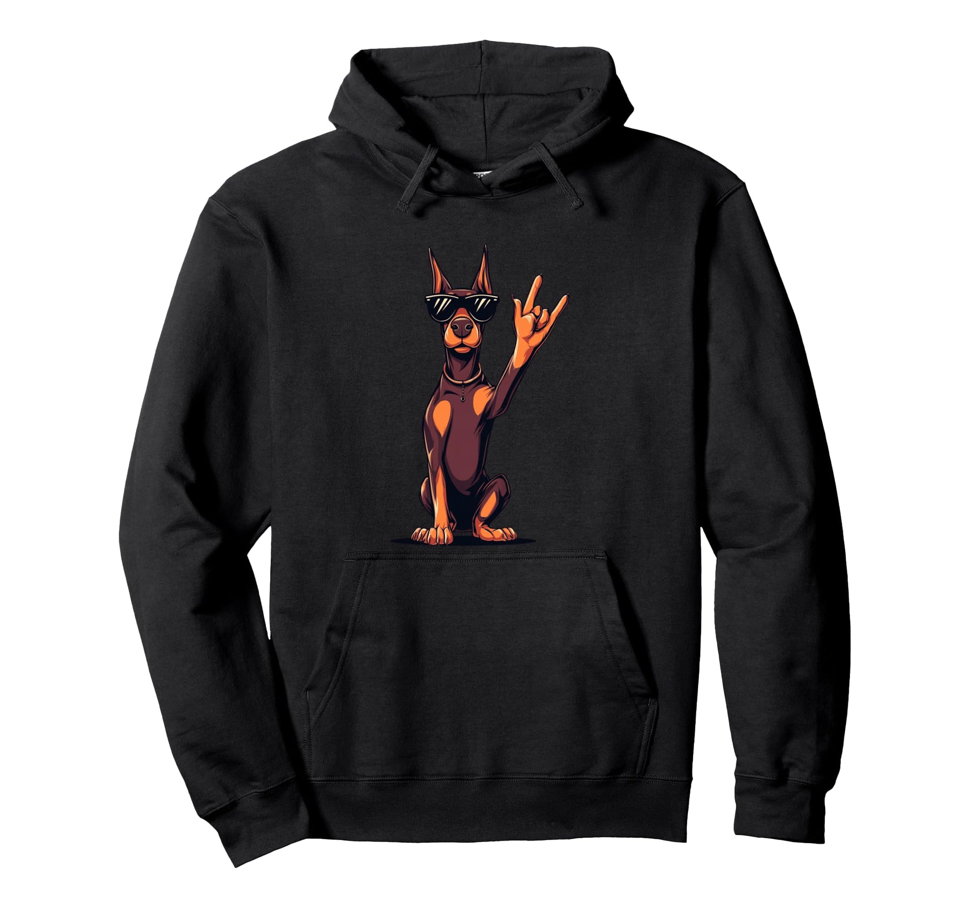 Doberman Pinscher Rock Hand Sign Hoodie - Aesthetic Graphic for Adults - T-Shirt, Sweatshirt, Hoodie