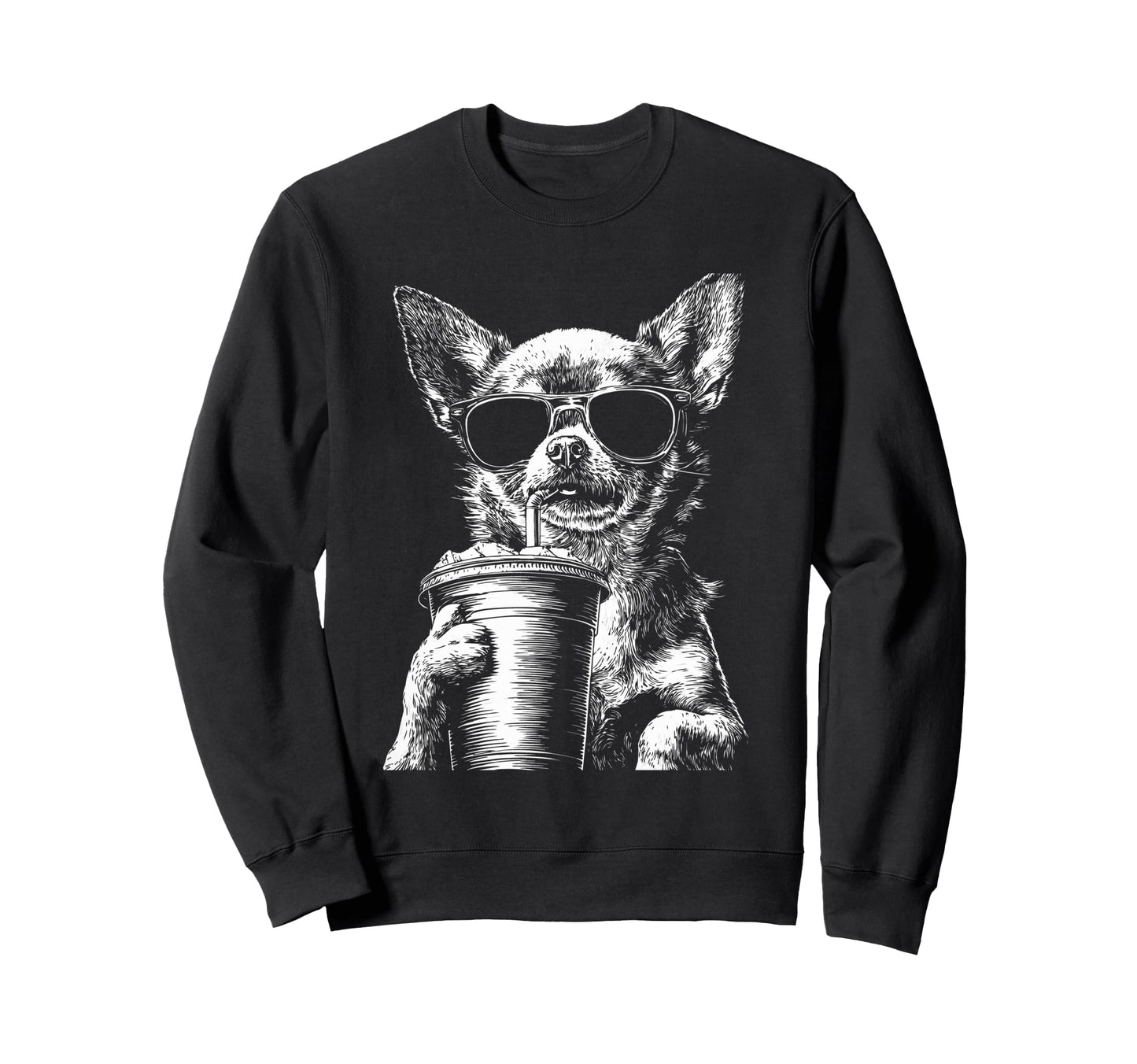 Chihuahua Drinking Iced Coffee Sweatshirt - Novelty Apparel for Adults - T-Shirt, Sweatshirt, Hoodie