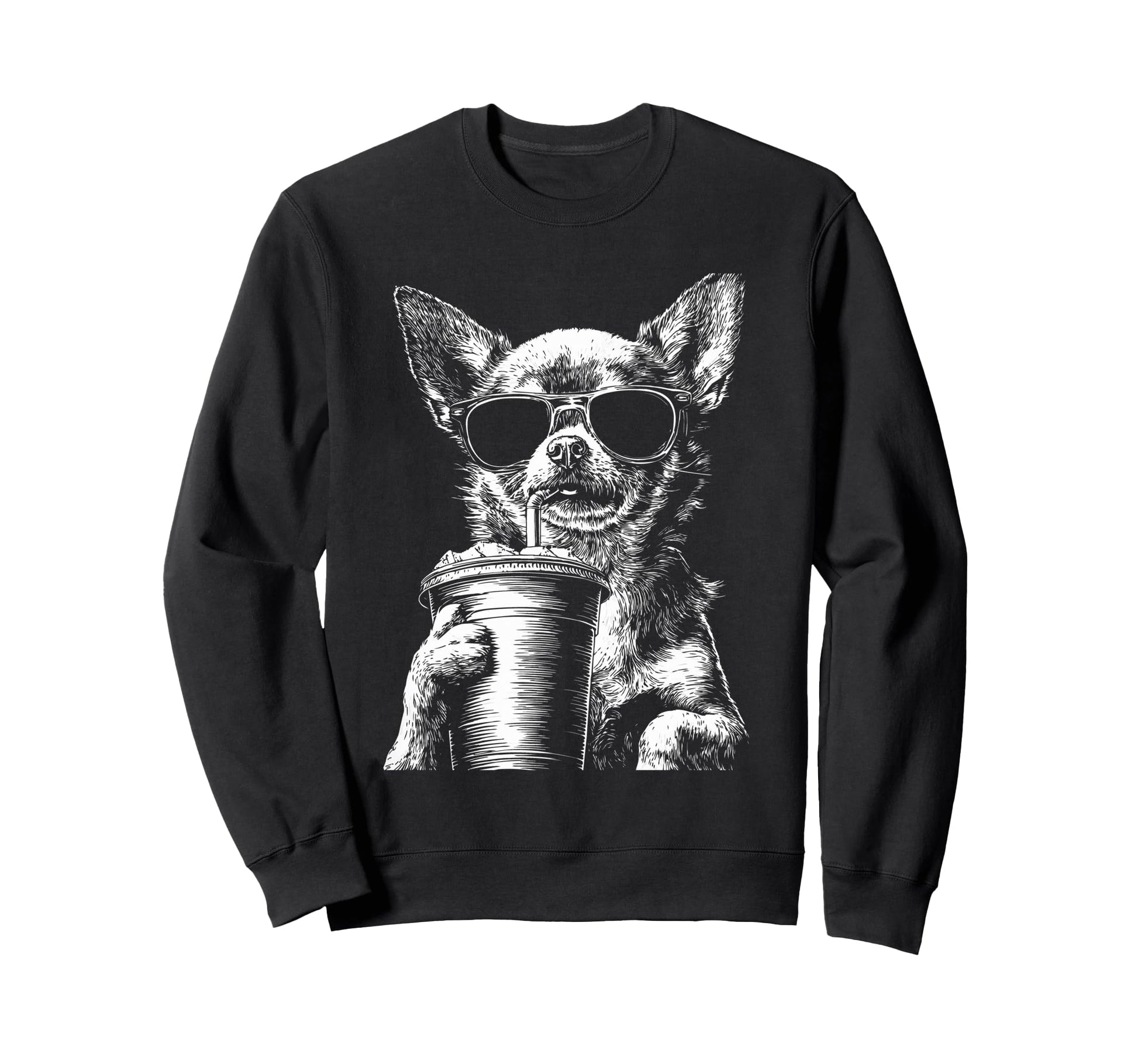 Chihuahua Drinking Iced Coffee Sweatshirt - Novelty Apparel for Adults - T-Shirt, Sweatshirt, Hoodie