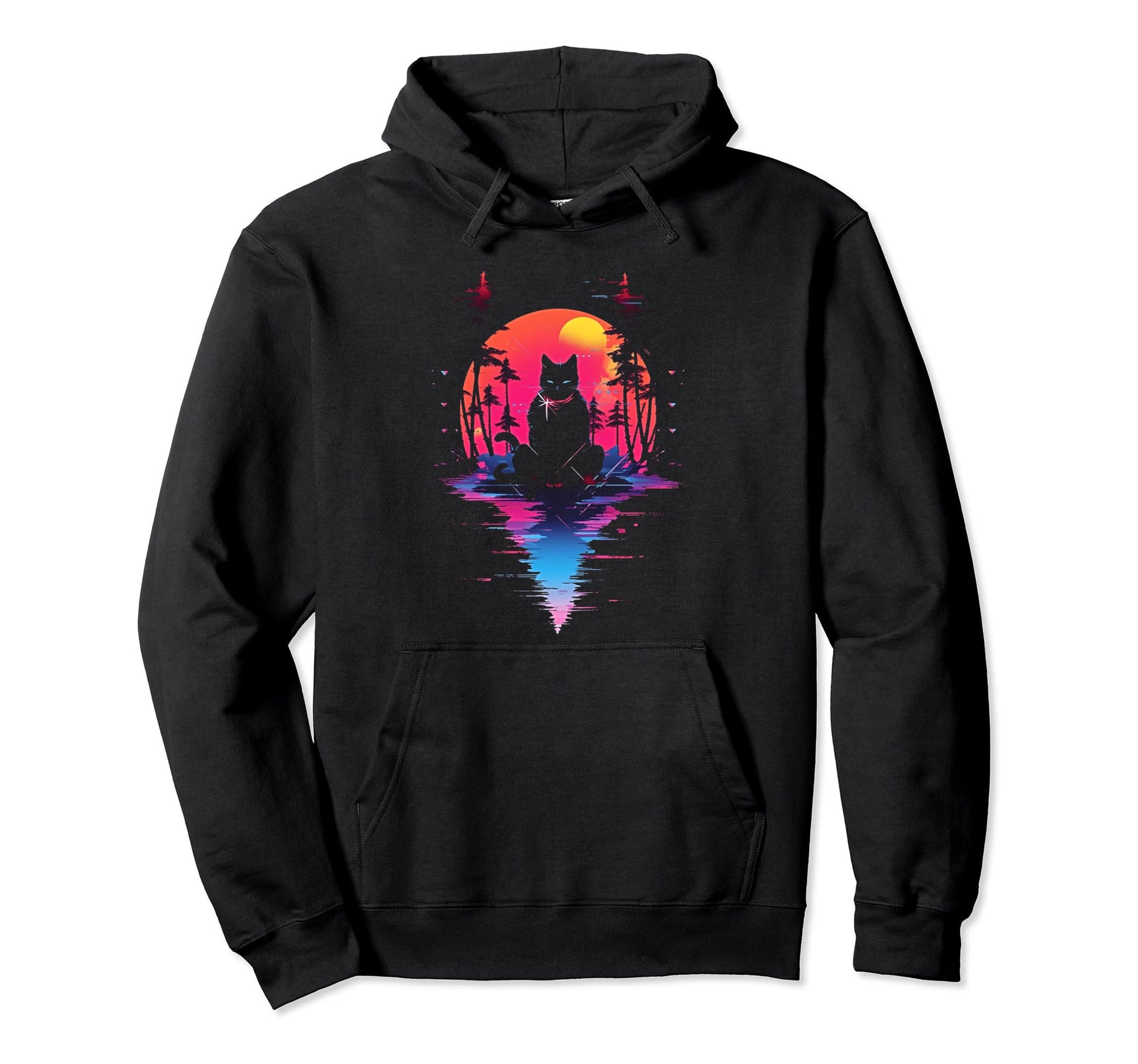 Synthwave Cat Samurai Mediation Hoodie - Custom Art Print Men Women - T-Shirt, Sweatshirt, Hoodie