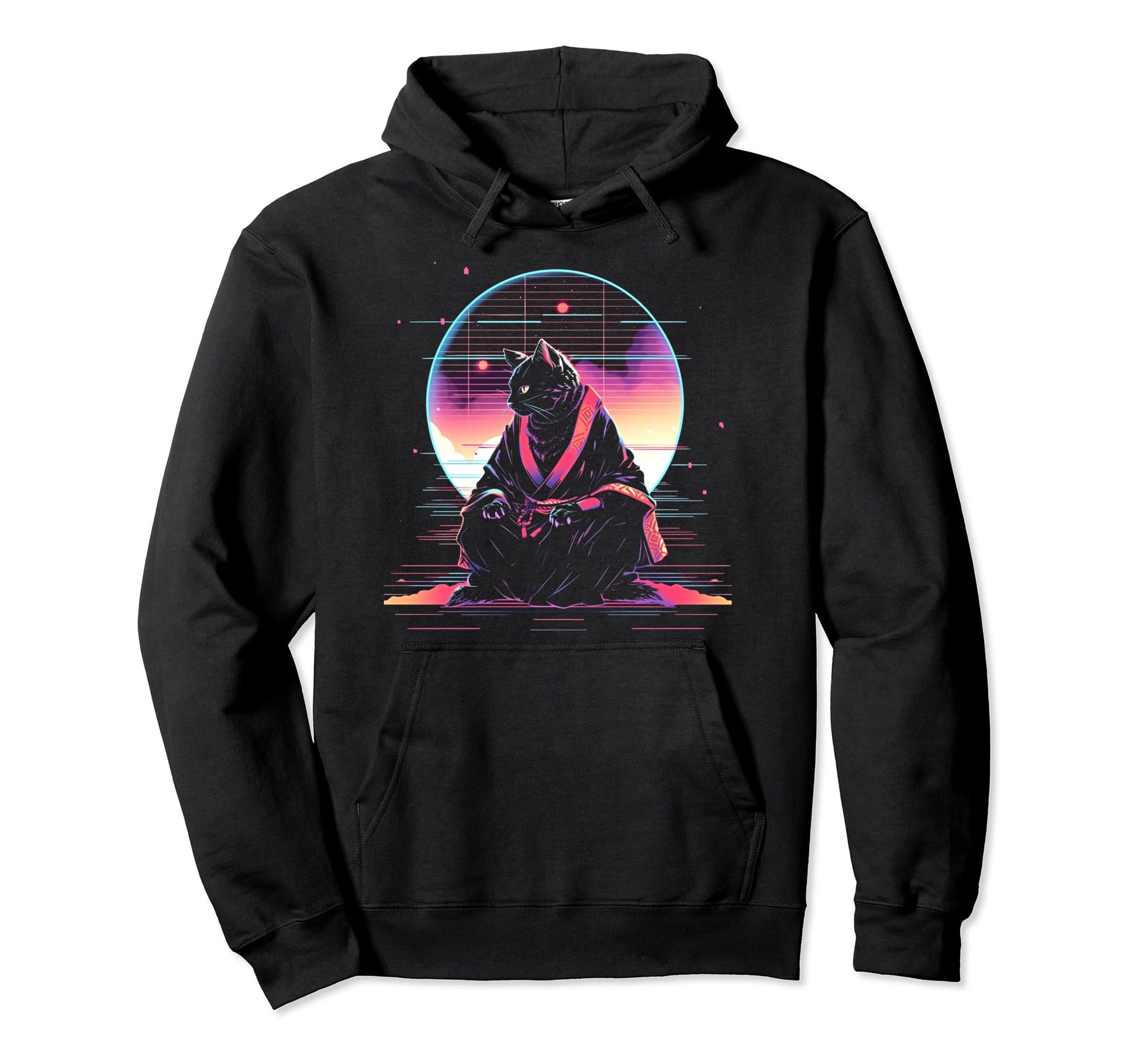 Synthwave Cat Samurai Mediation Hoodie - Novelty Apparel for Adults - T-Shirt, Sweatshirt, Hoodie