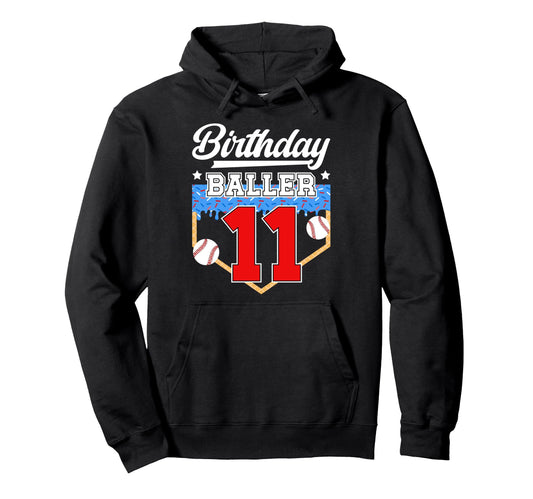 11Th Baseball Birthday Eleven Year Old Hoodie - Graphic Print Unisex - T-Shirt, Sweatshirt, Hoodie