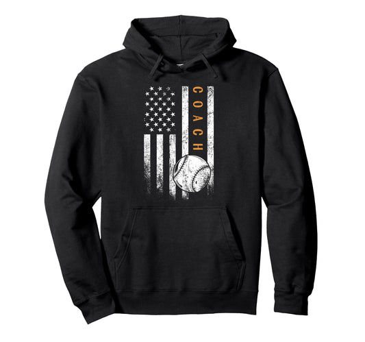 Baseball Coach American Flag Hoodie - Casual Everyday Wear Men Women - T-Shirt, Sweatshirt, Hoodie