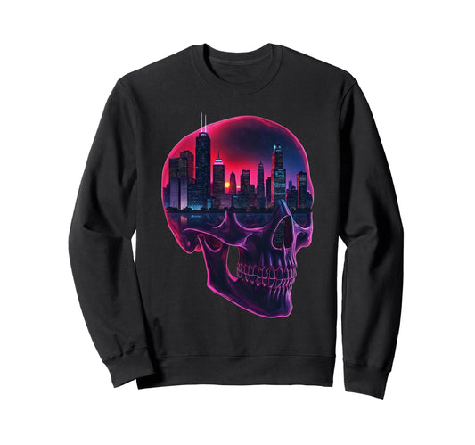 90S Vaporwave Aesthetic Skull Sweatshirt - Fun Novelty Design for Adults - T-Shirt, Sweatshirt, Hoodie
