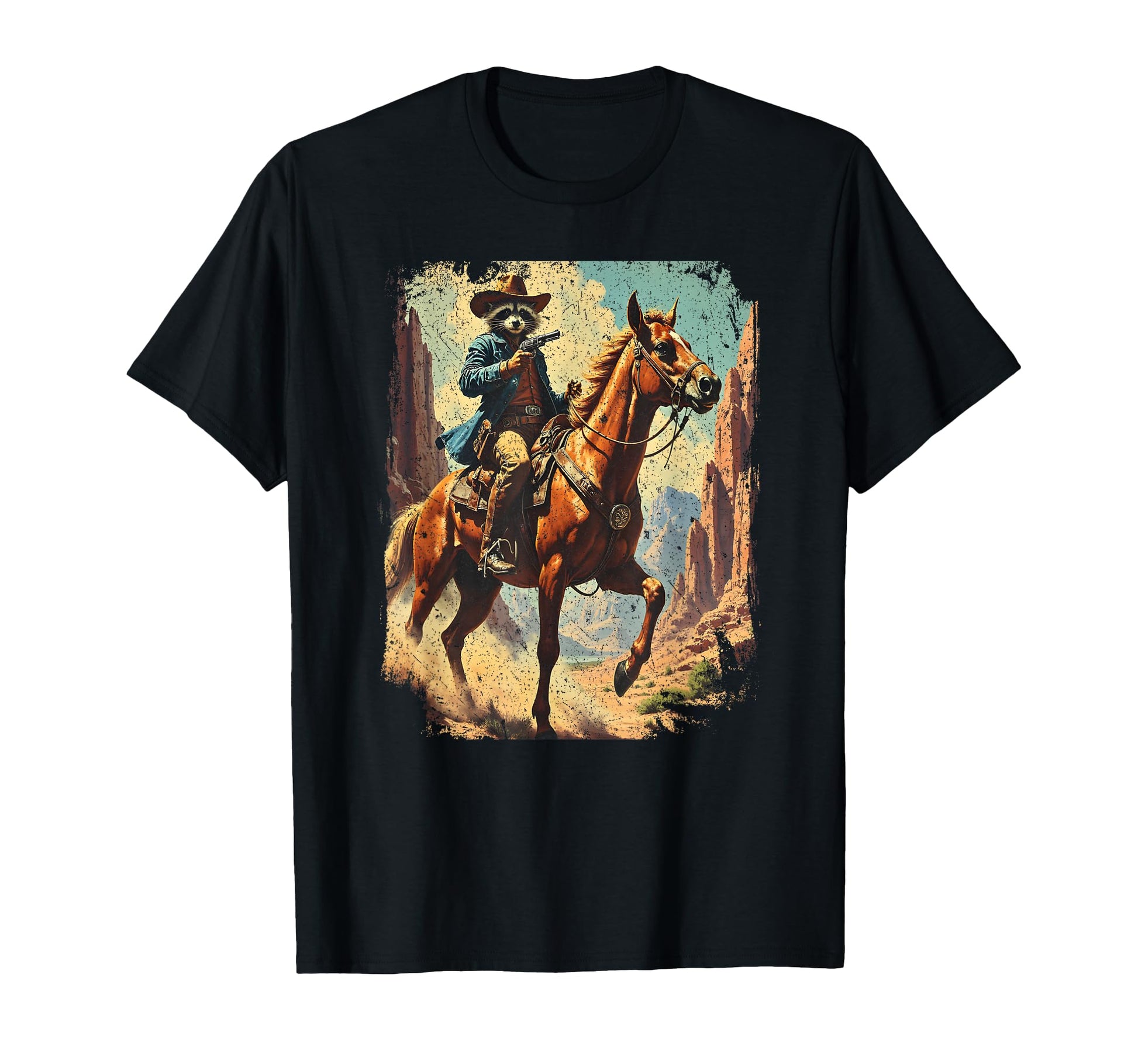 Western Raccoon Cowboy Horse Bandit T-Shirt - Novelty Apparel for Adults - T-Shirt, Sweatshirt, Hoodie