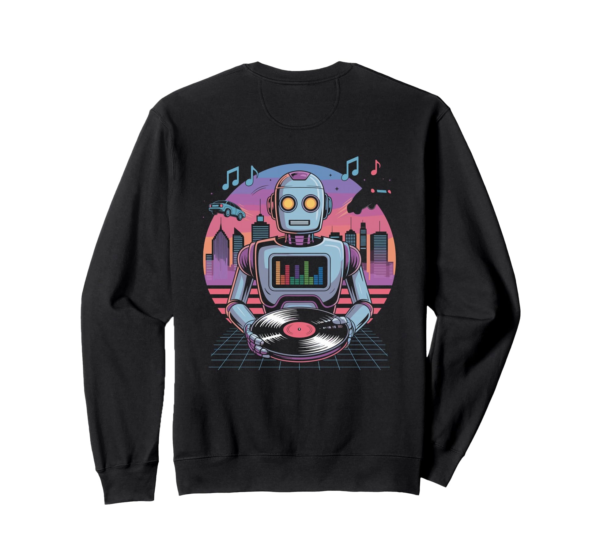 Robot Dj Vinyl City Skyline Music Sweatshirt - Trendy Graphic Unisex - T-Shirt, Sweatshirt, Hoodie