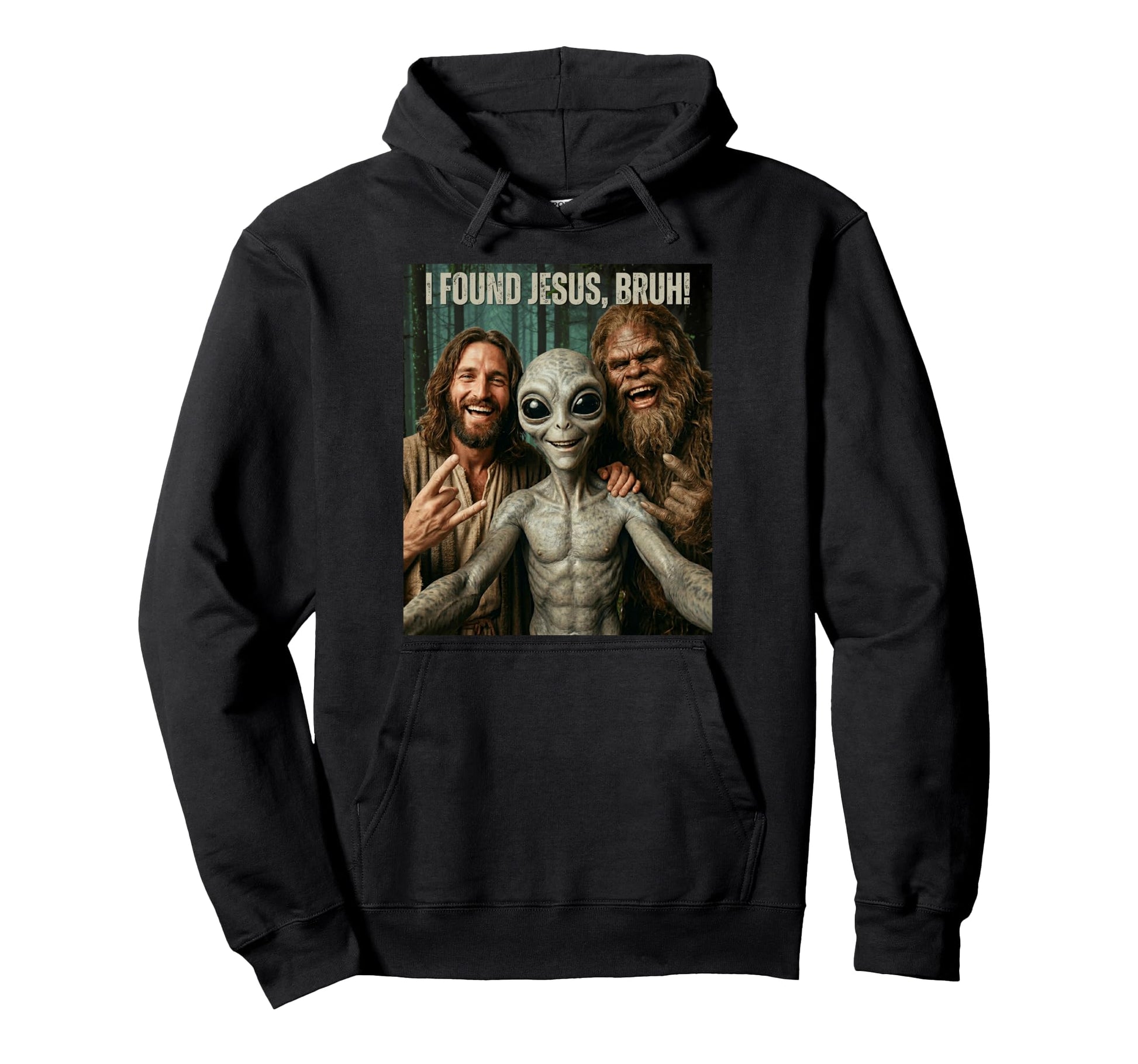 Bruh Bigfoot Alien Jesus Rock Hand Hoodie - Custom Art Print for Adults - T-Shirt, Sweatshirt, Hoodie