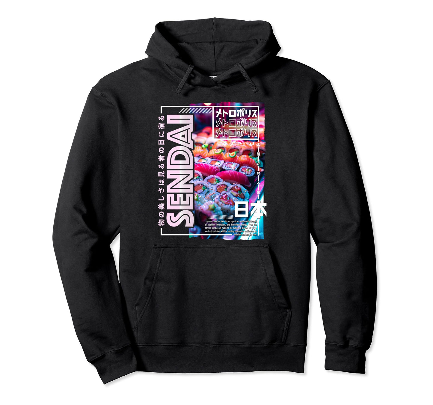 Sendai City 80S Synthwave Sushi Japan Sendai Hoodie - Graphic Print Unisex - T-Shirt, Sweatshirt, Hoodie